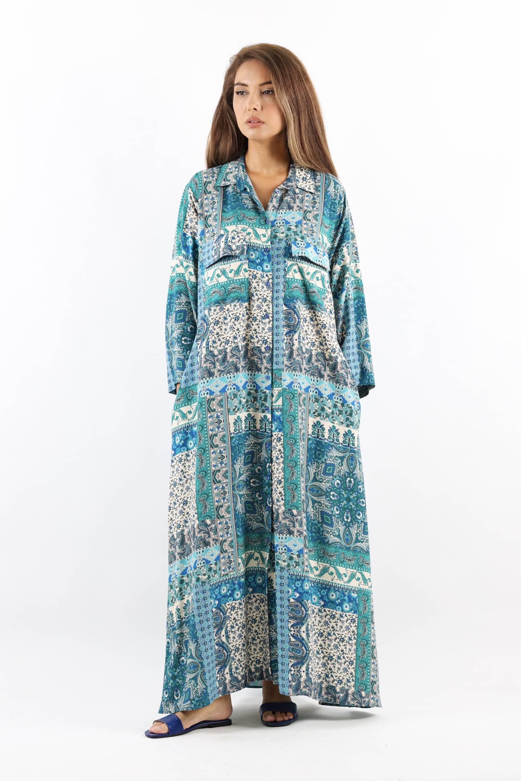 Etnik %100 Viskon Mavi Gömlek Yaka Önden Düğmeli Uzun Yazlık Elbise