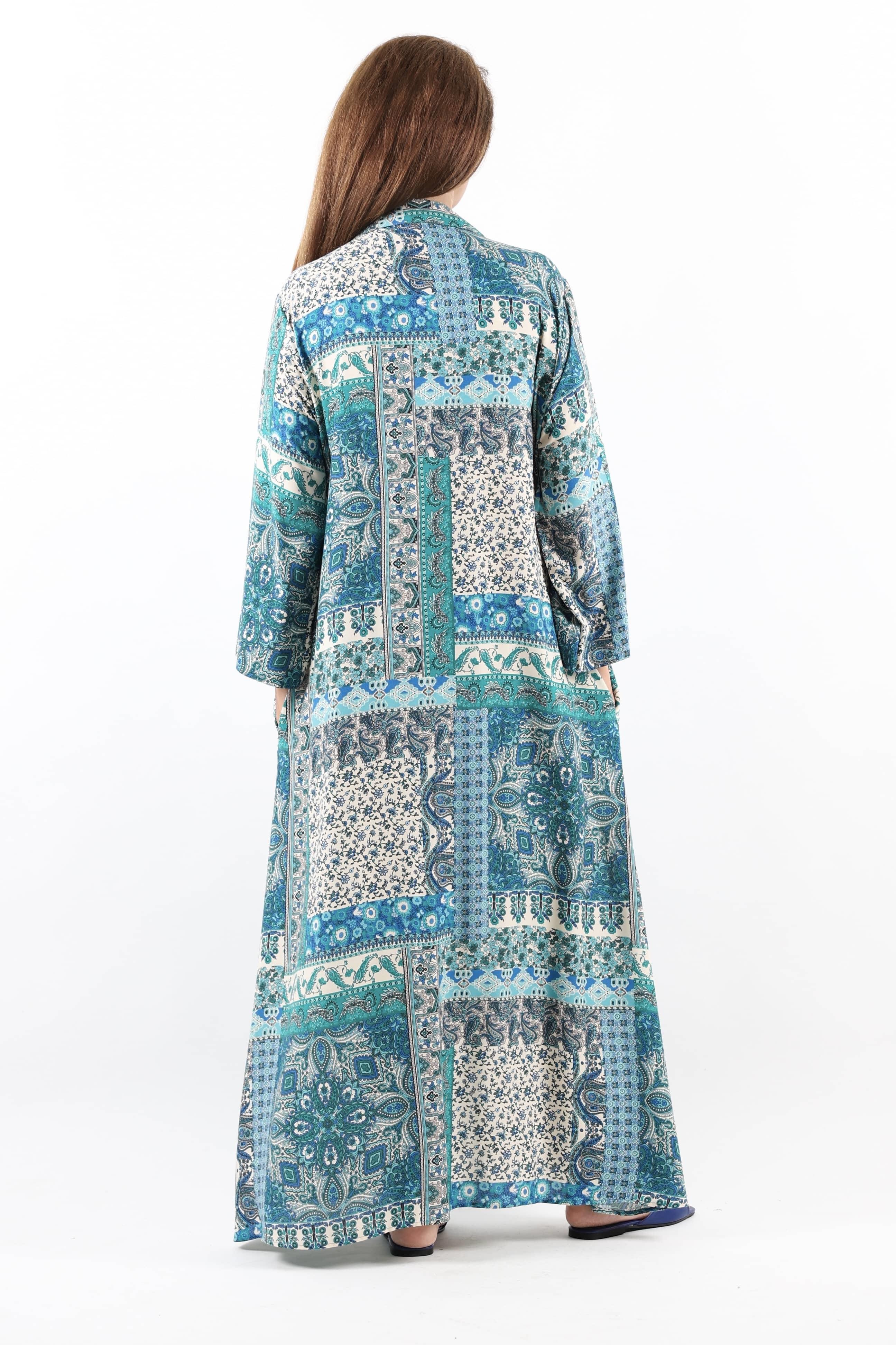 Etnik %100 Viskon Mavi Gömlek Yaka Önden Düğmeli Uzun Yazlık Elbise