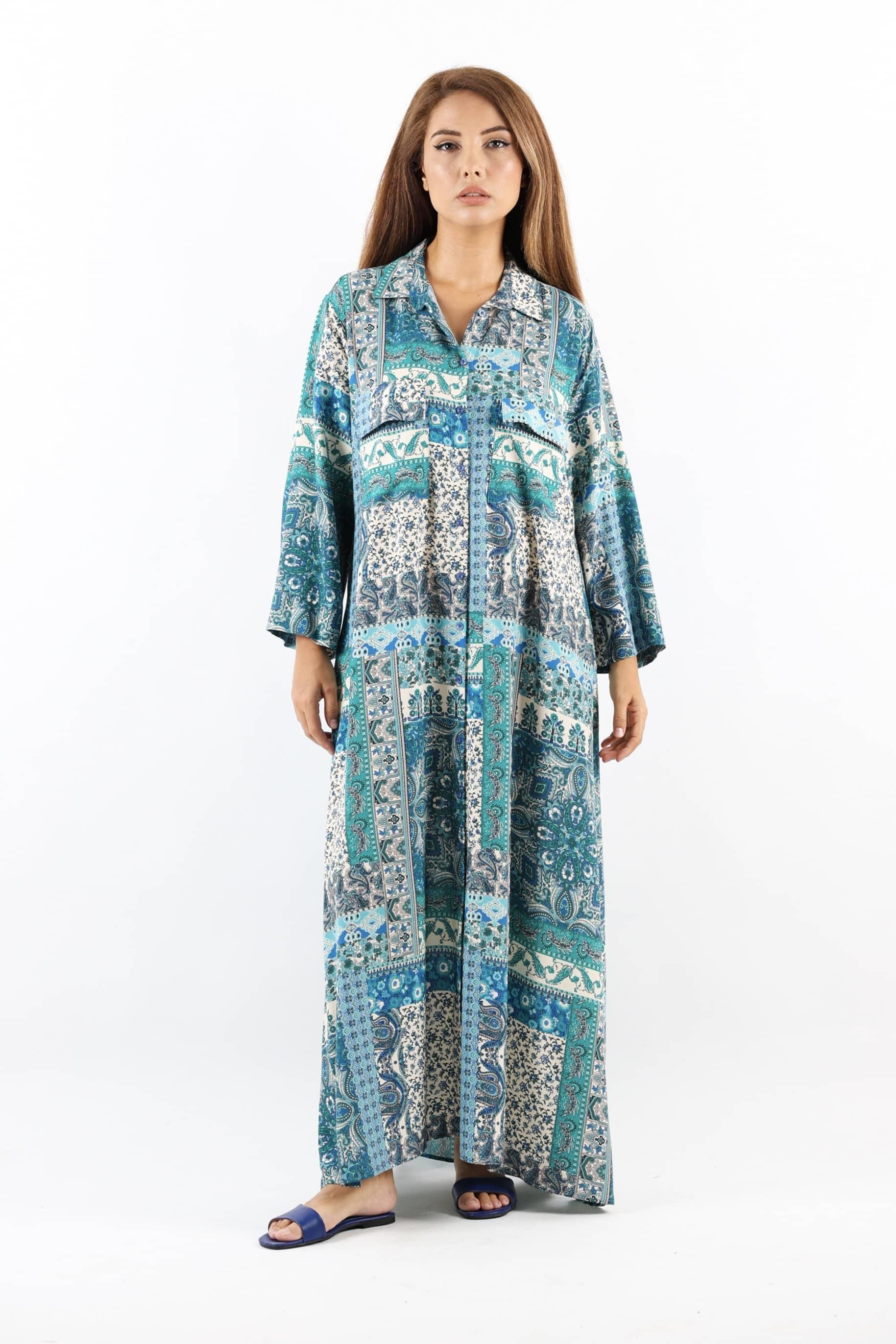 Etnik %100 Viskon Mavi Gömlek Yaka Önden Düğmeli Uzun Yazlık Elbise