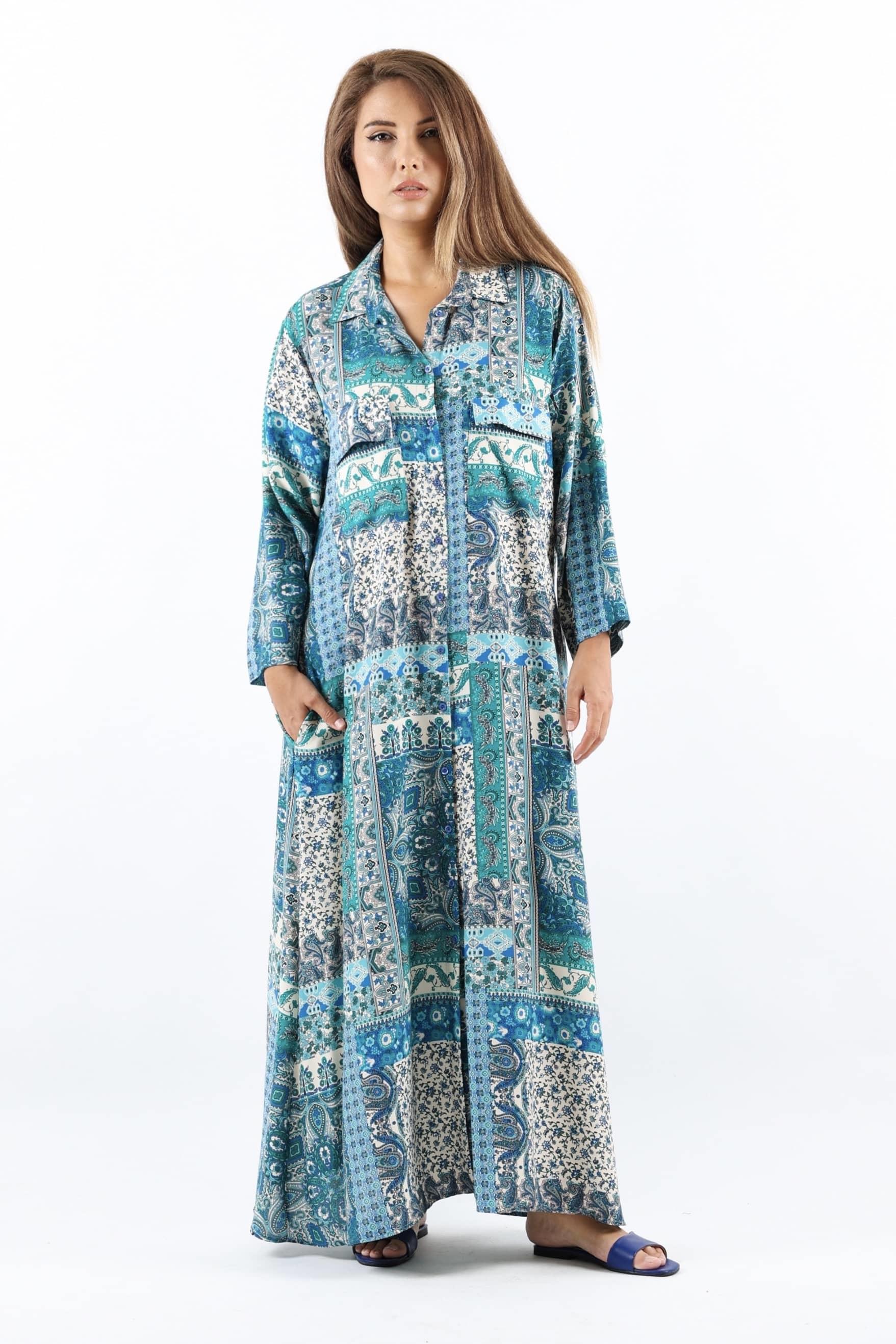 Etnik %100 Viskon Mavi Gömlek Yaka Önden Düğmeli Uzun Yazlık Elbise