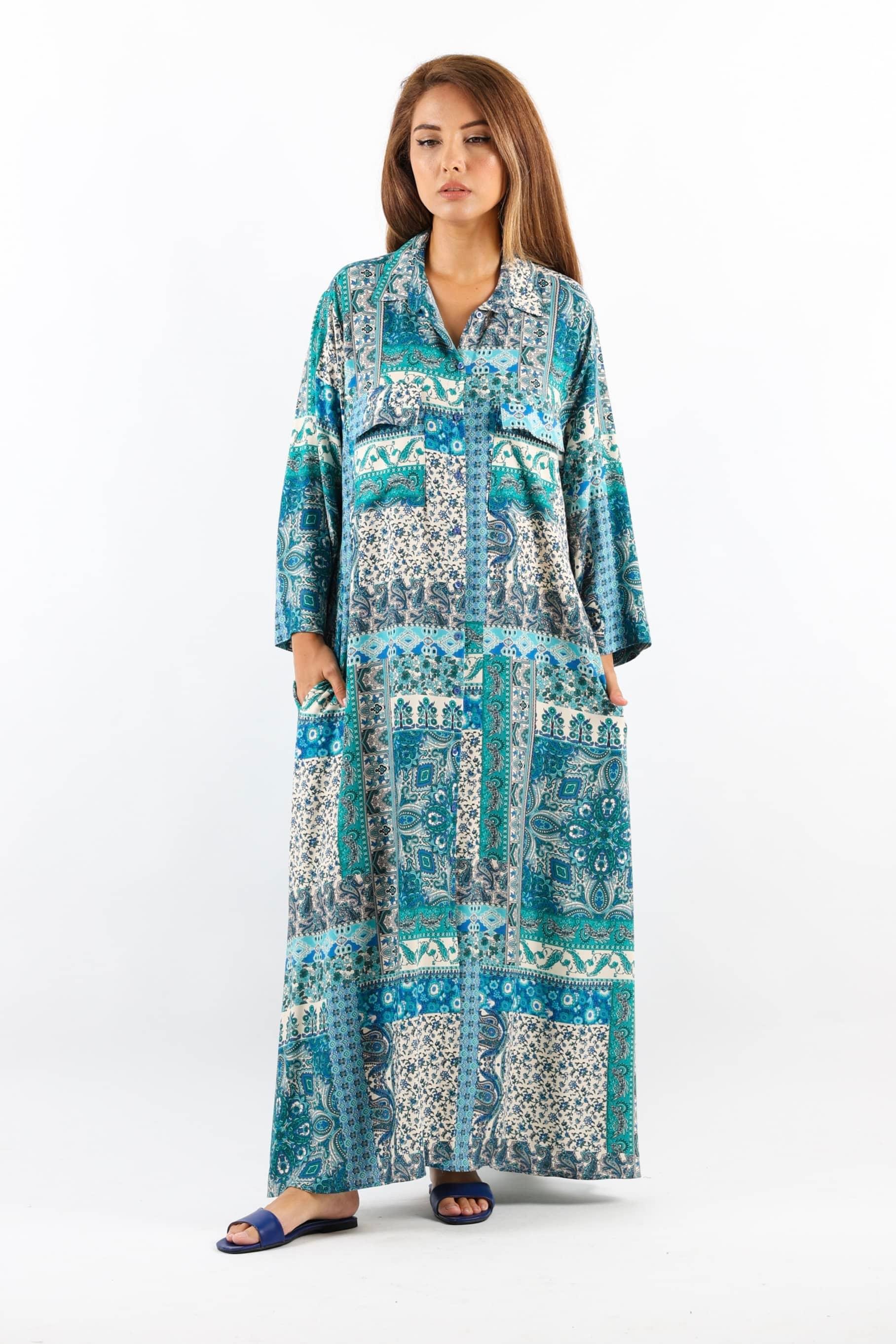 Etnik %100 Viskon Mavi Gömlek Yaka Önden Düğmeli Uzun Yazlık Elbise