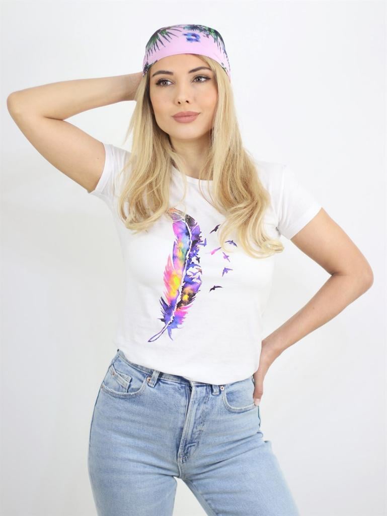Kadın %100 Pamuklu Beyaz Kuş Tüyü Baskılı T-shirt