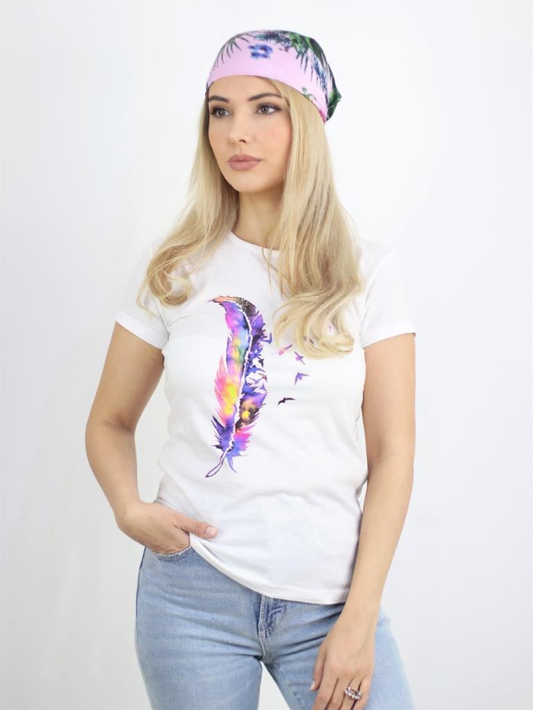 Kadın %100 Pamuklu Beyaz Kuş Tüyü Baskılı T-shirt
