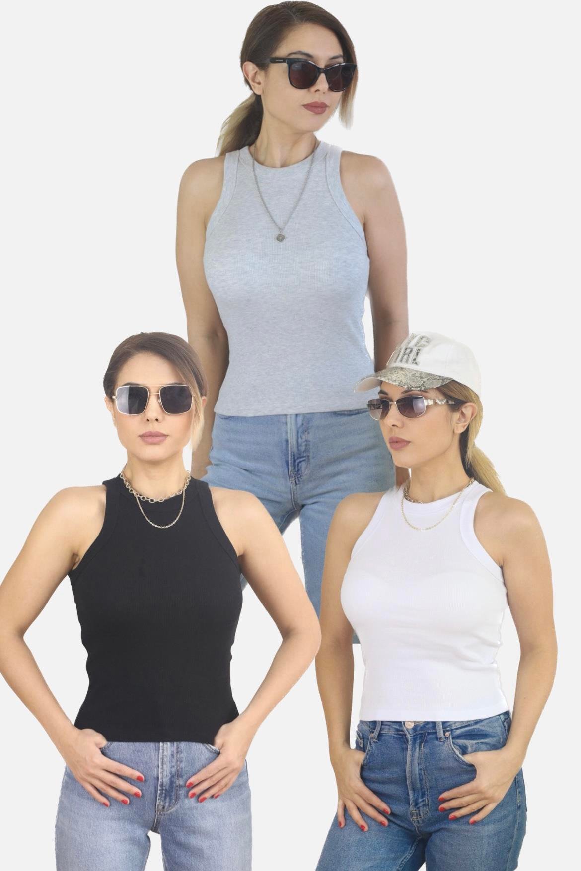 Kadın 3’lü Premium Doku Pamuklu Fitilli Atlet Beyaz, Siyah , Gri