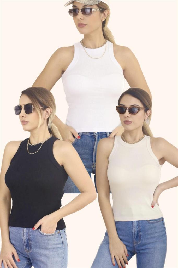 Kadın 3'lü Premium Doku Pamuklu Fitilli Atlet Beyaz, Siyah, Krem