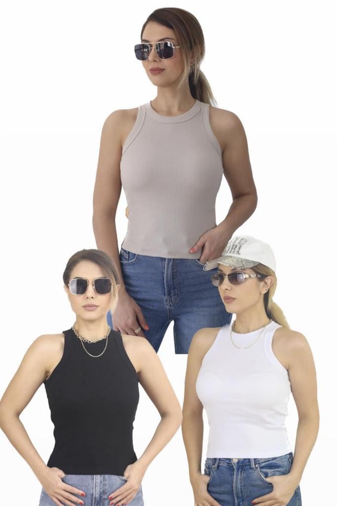 Kadın 3'lü Premium Pamuklu Fitilli Atlet Beyaz, Siyah, Bej
