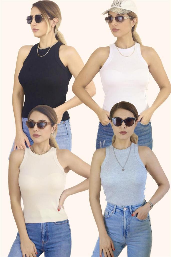 Kadın 4'lü Premium Pamuklu Fitilli Atlet Beyaz, Siyah, Krem, Gri