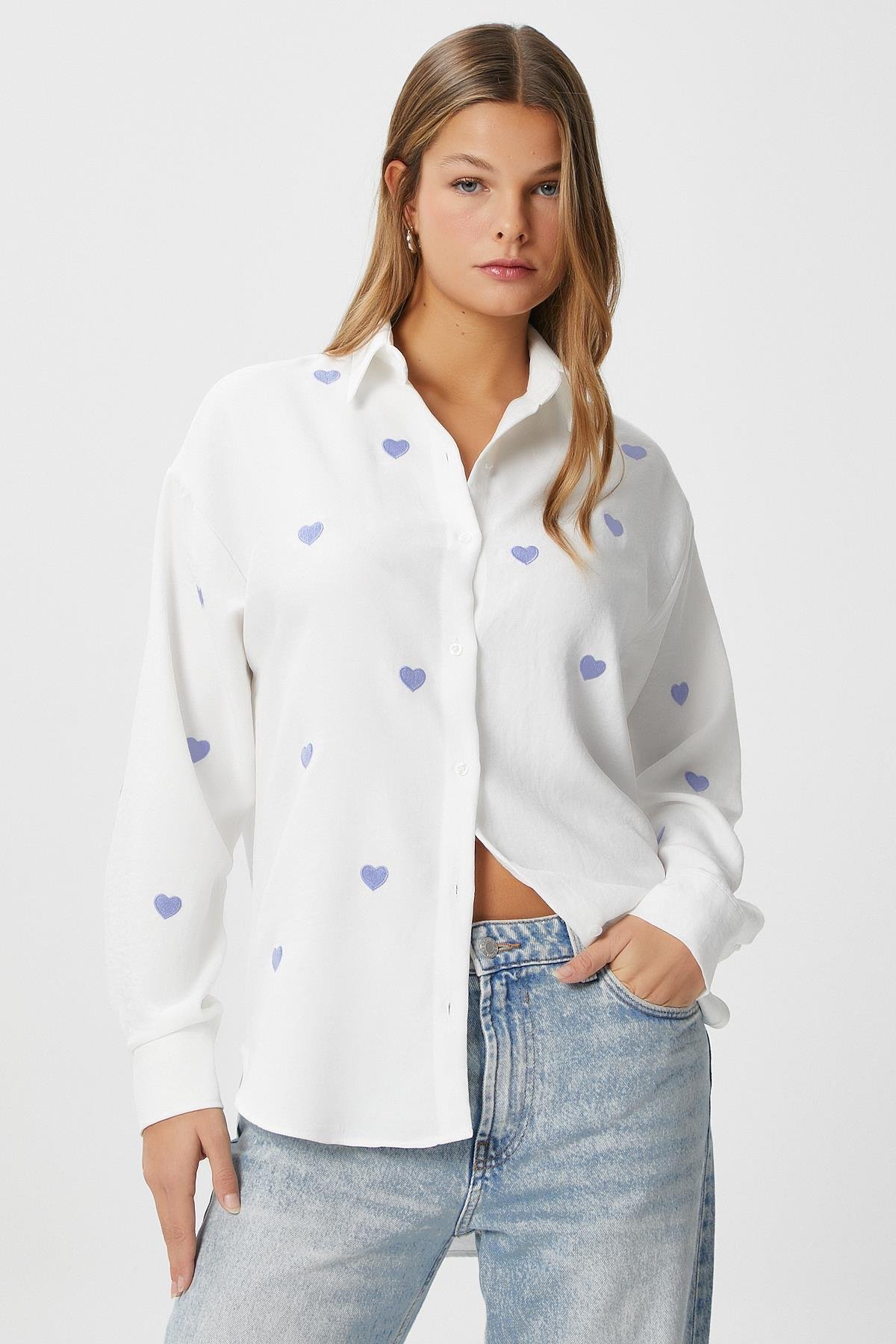 Kadın Adela Mavi Kalp Nakışlı Gömlek
