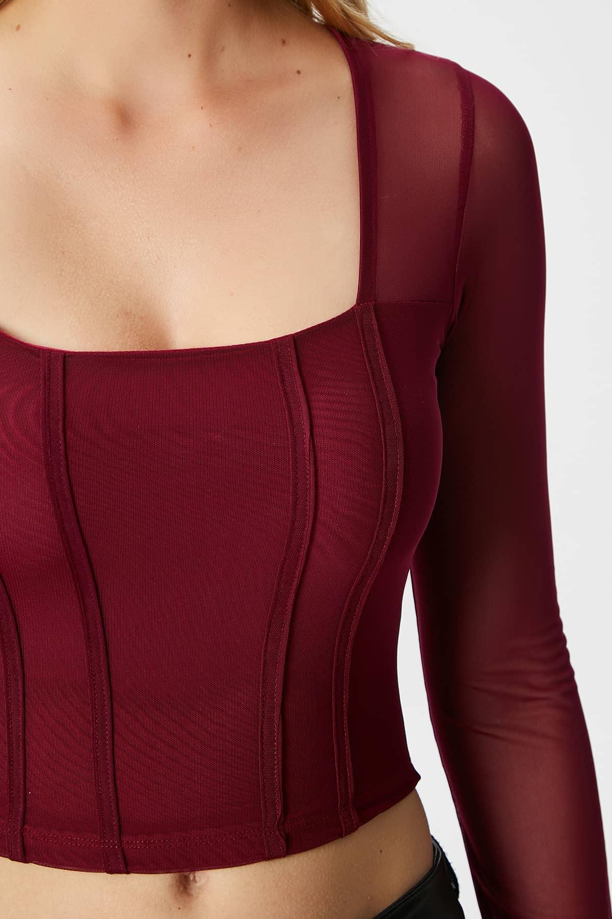 Kadın Alina Korse Görünümlü Bordo Tül Crop Bluz