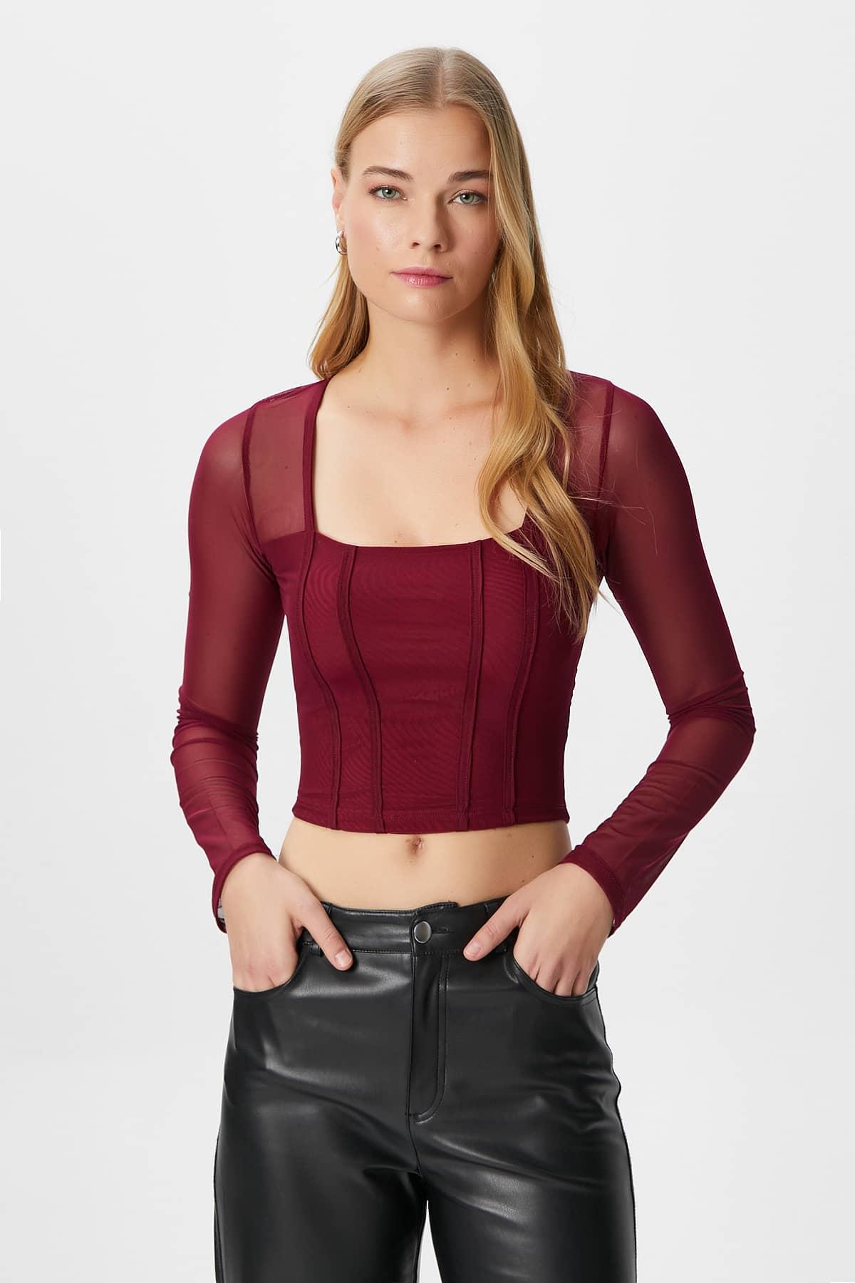 Kadın Alina Korse Görünümlü Bordo Tül Crop Bluz