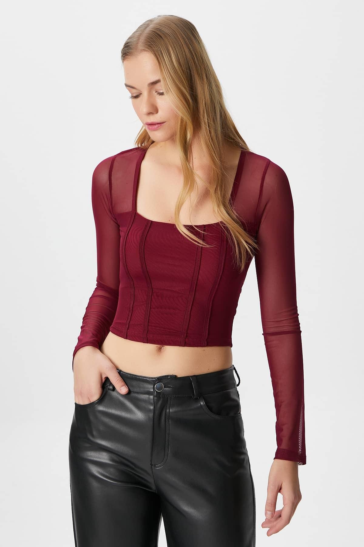 Kadın Alina Korse Görünümlü Bordo Tül Crop Bluz