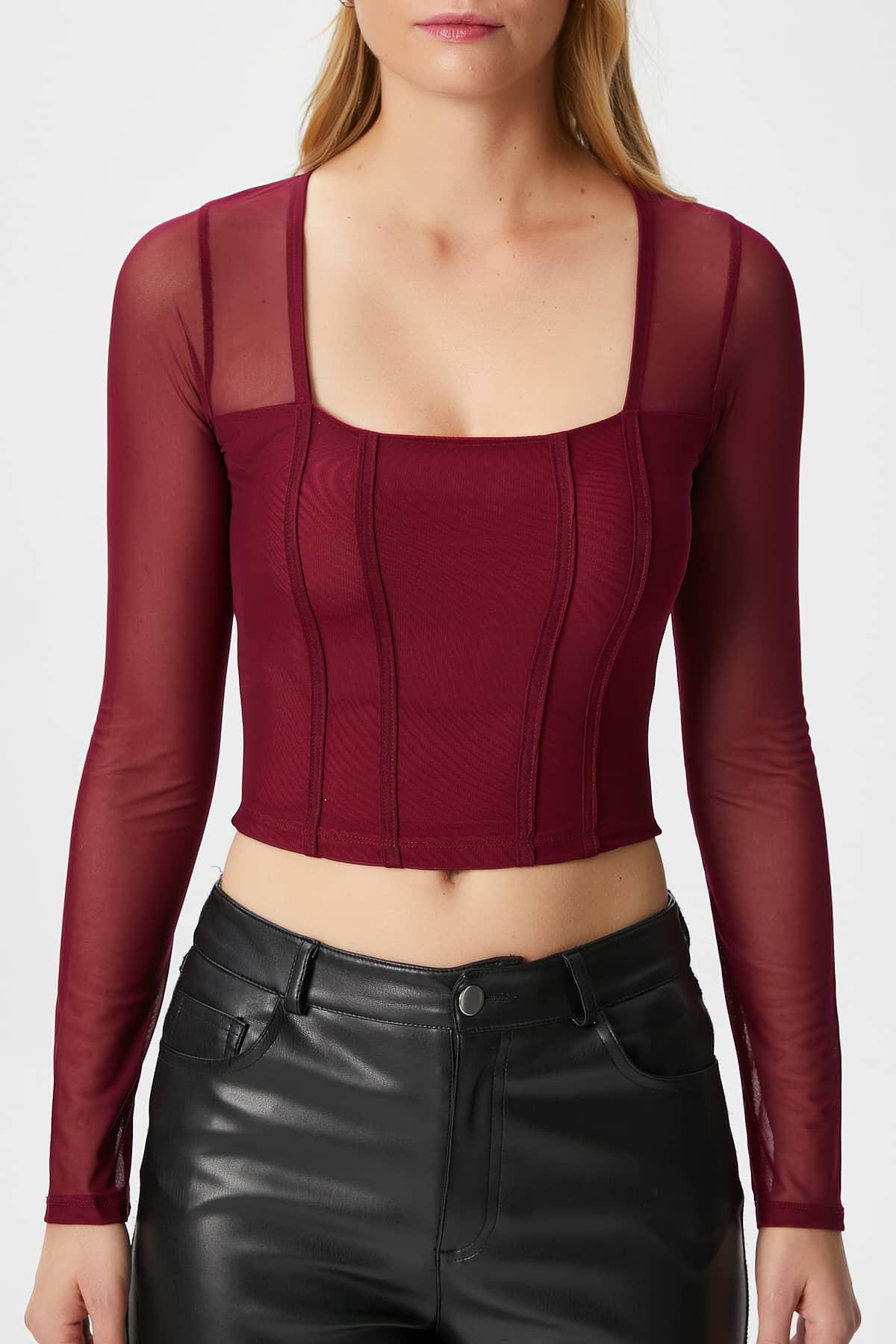 Kadın Alina Korse Görünümlü Bordo Tül Crop Bluz