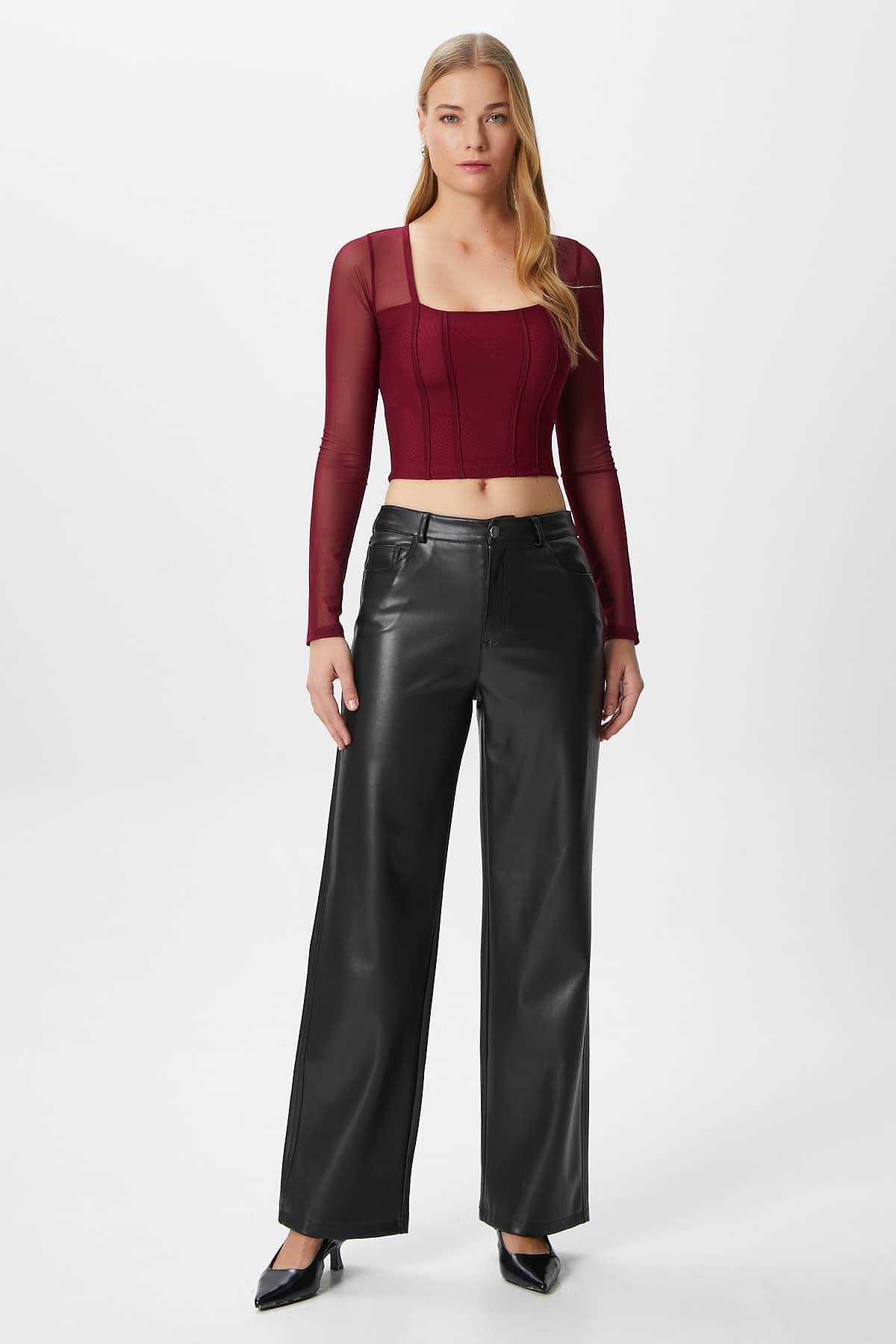 Kadın Alina Korse Görünümlü Bordo Tül Crop Bluz