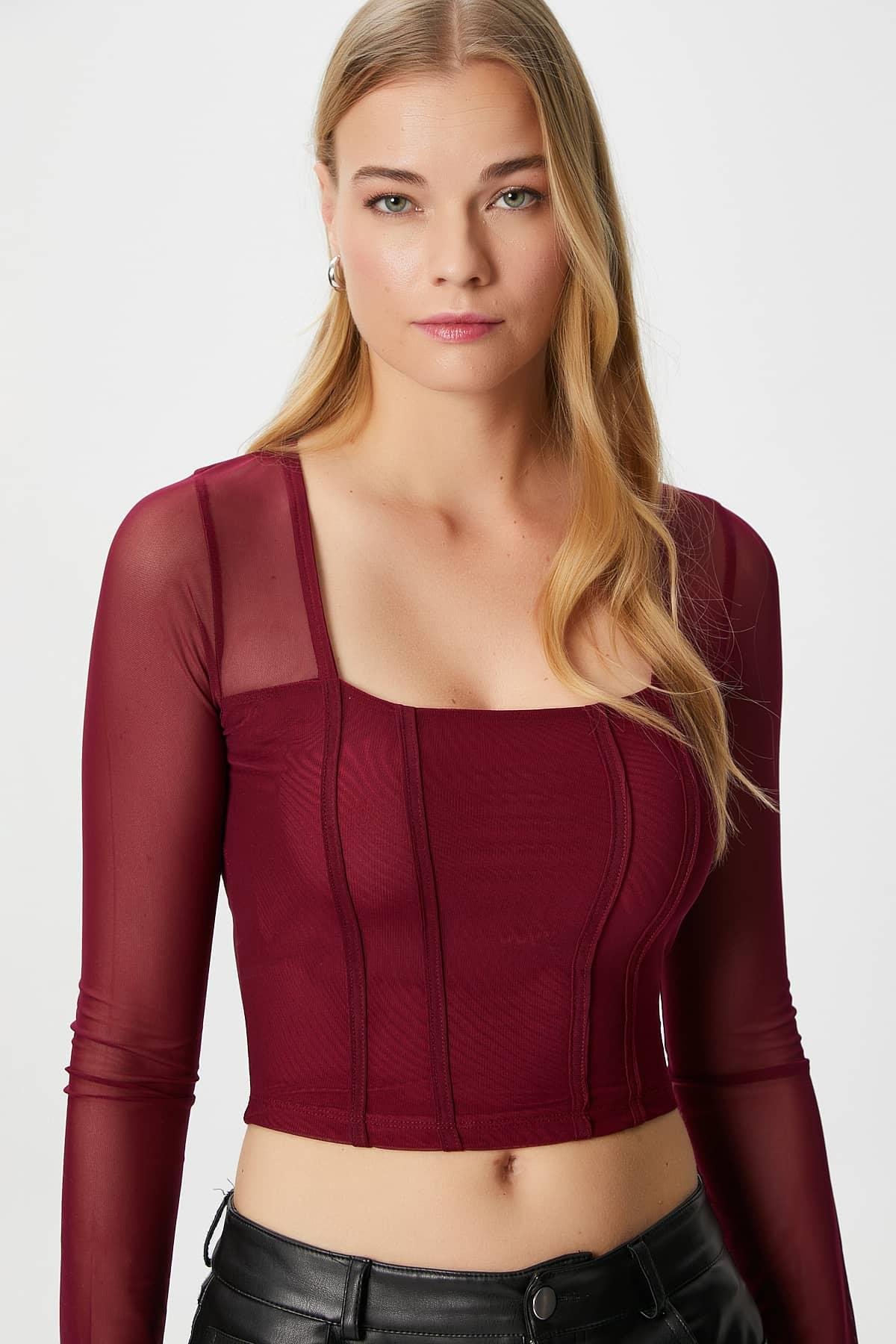 Kadın Alina Korse Görünümlü Bordo Tül Crop Bluz