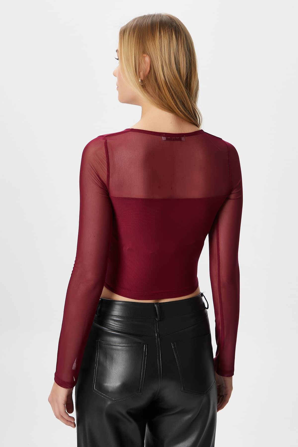 Kadın Alina Korse Görünümlü Bordo Tül Crop Bluz