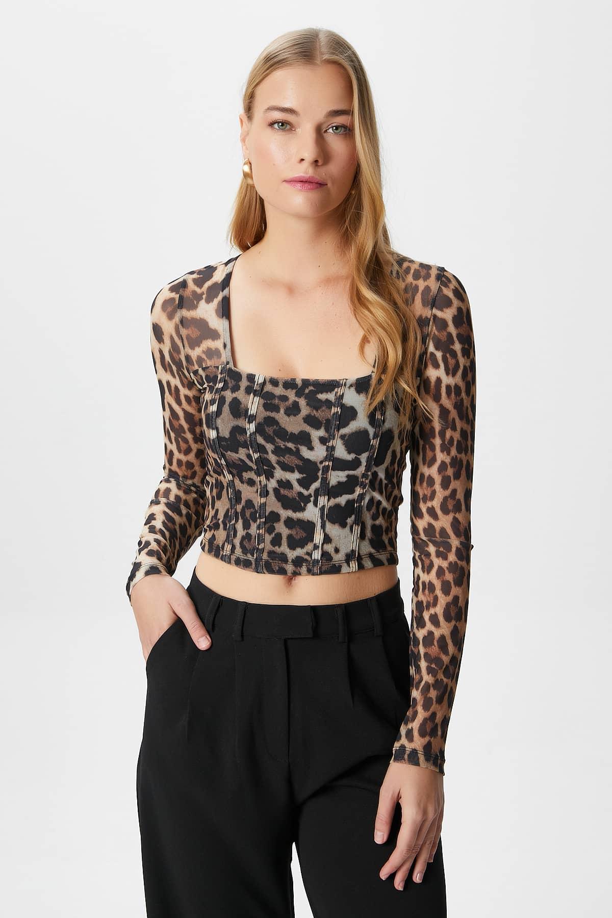 Kadın Alina Korse Görünümlü Leopar Tül Crop Bluz