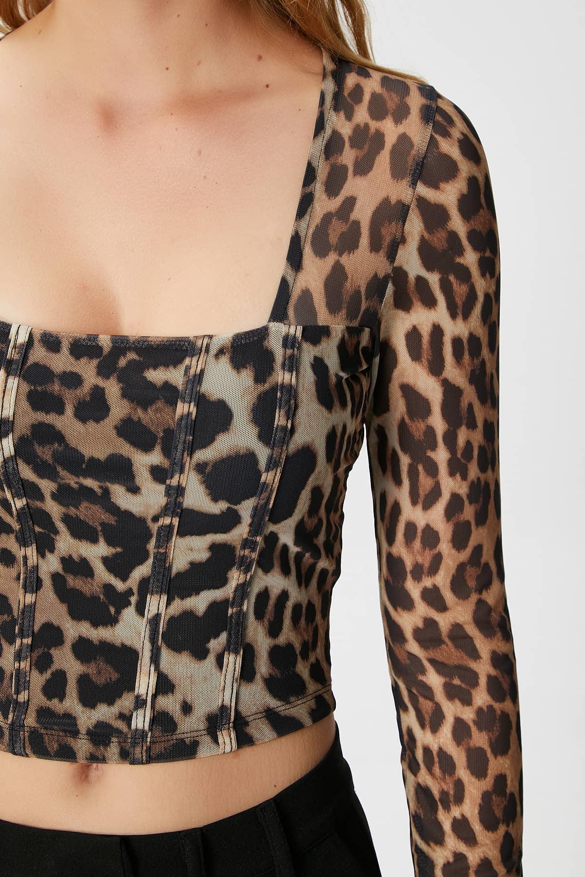 Kadın Alina Korse Görünümlü Leopar Tül Crop Bluz
