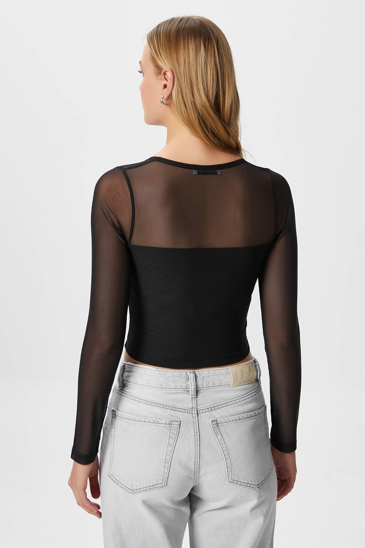 Kadın Alina Korse Görünümlü Siyah Tül Crop Bluz