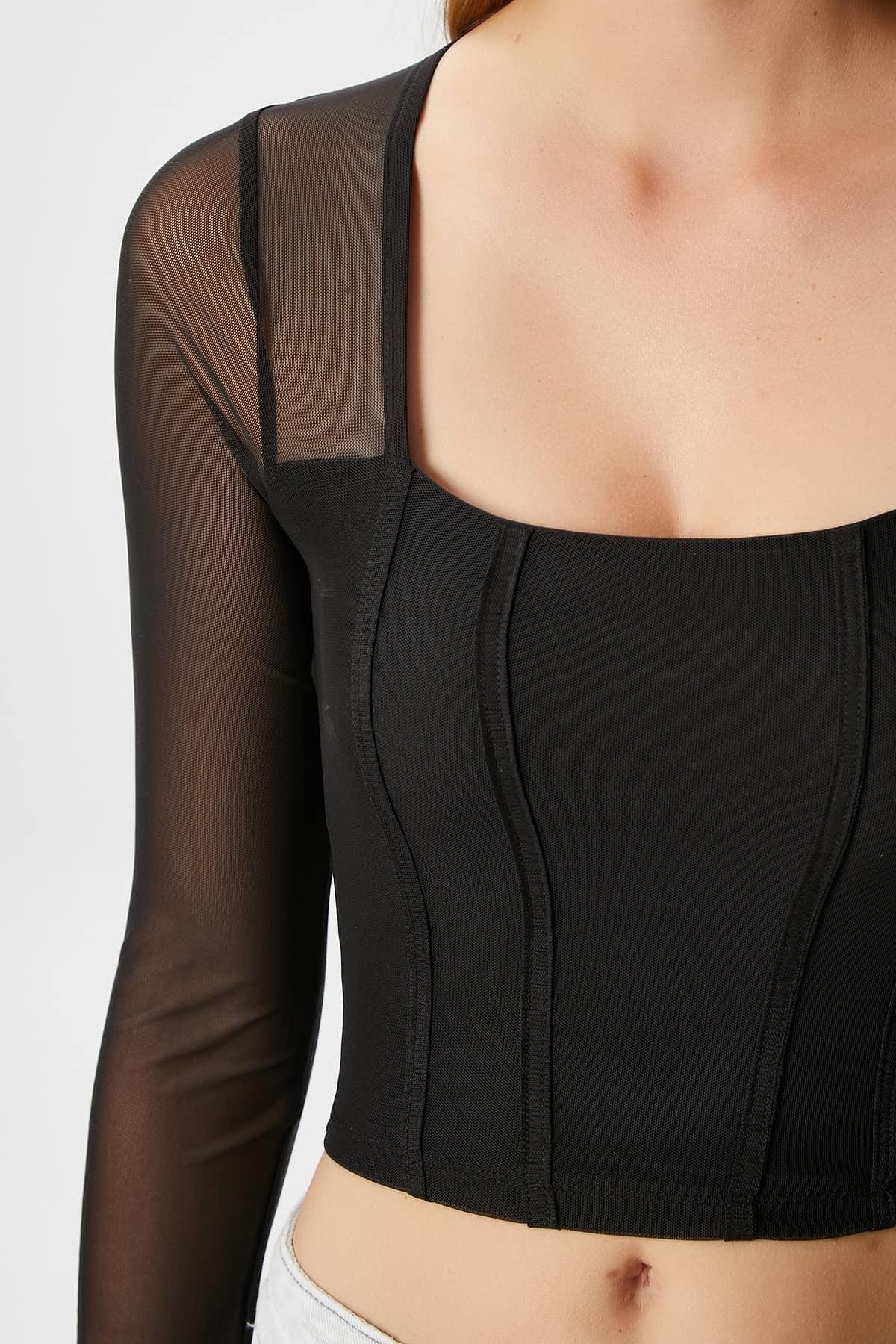 Kadın Alina Korse Görünümlü Siyah Tül Crop Bluz