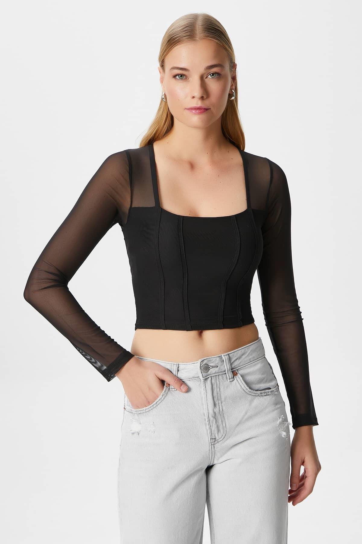 Kadın Alina Korse Görünümlü Siyah Tül Crop Bluz