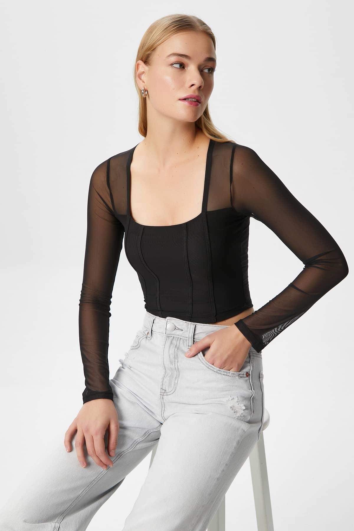 Kadın Alina Korse Görünümlü Siyah Tül Crop Bluz