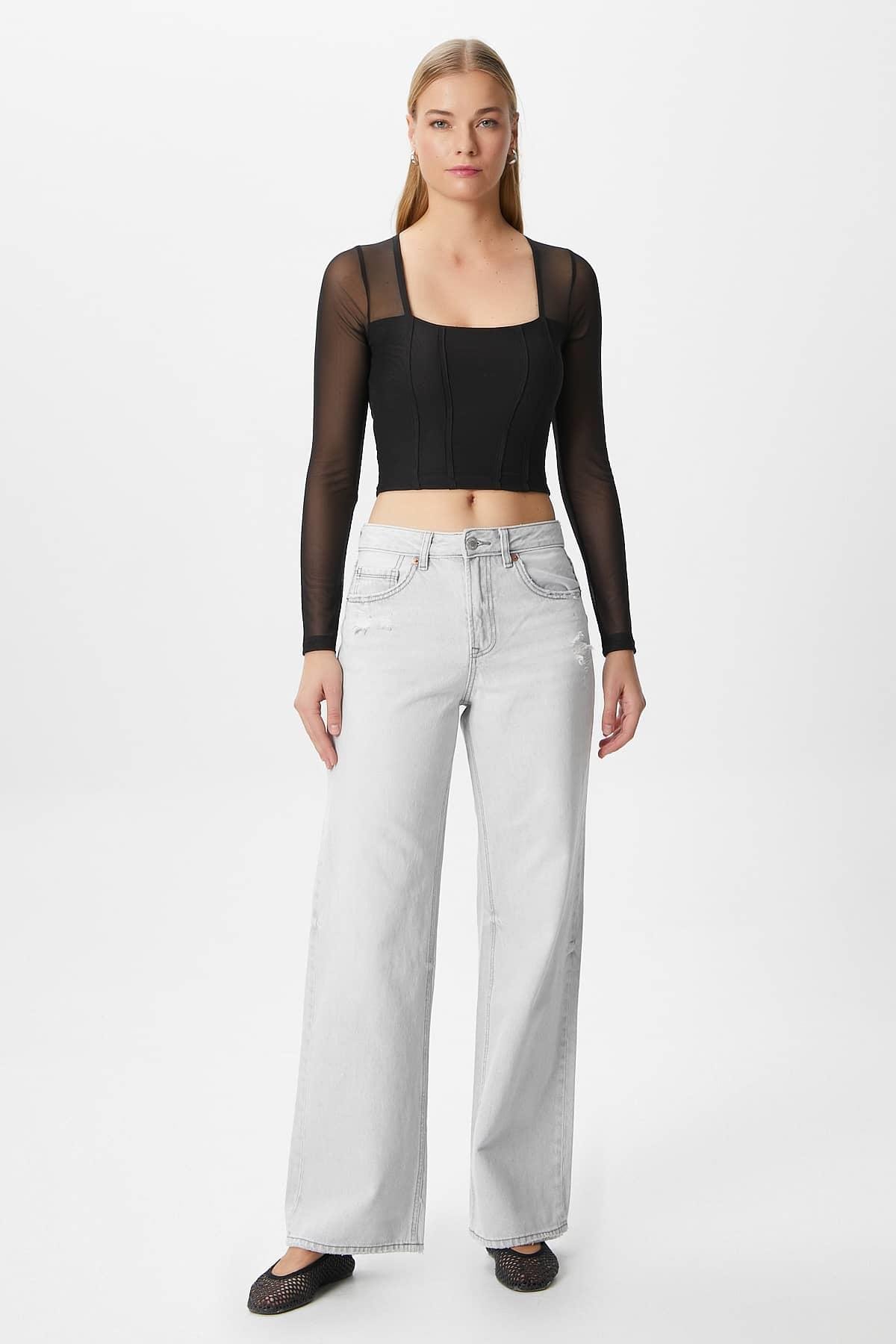 Kadın Alina Korse Görünümlü Siyah Tül Crop Bluz