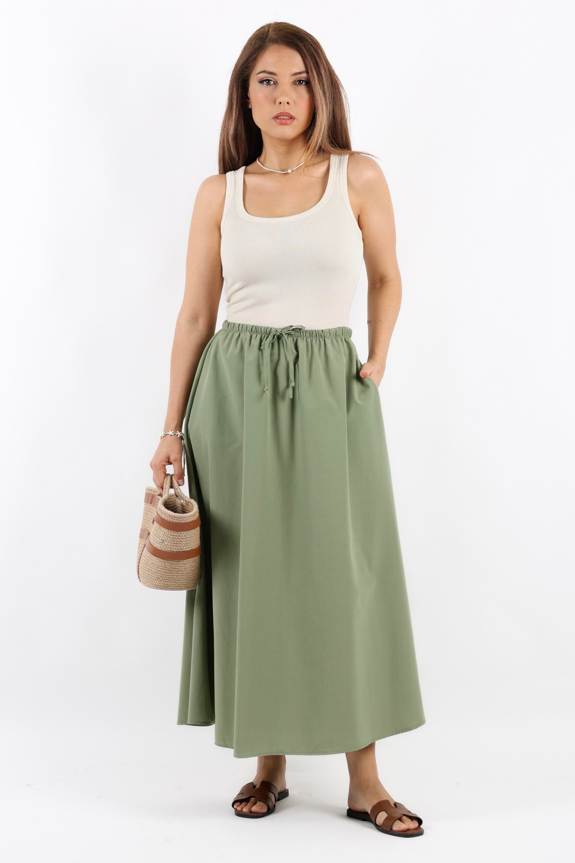 Kadın Alya Haki Cepli Poplin Etek