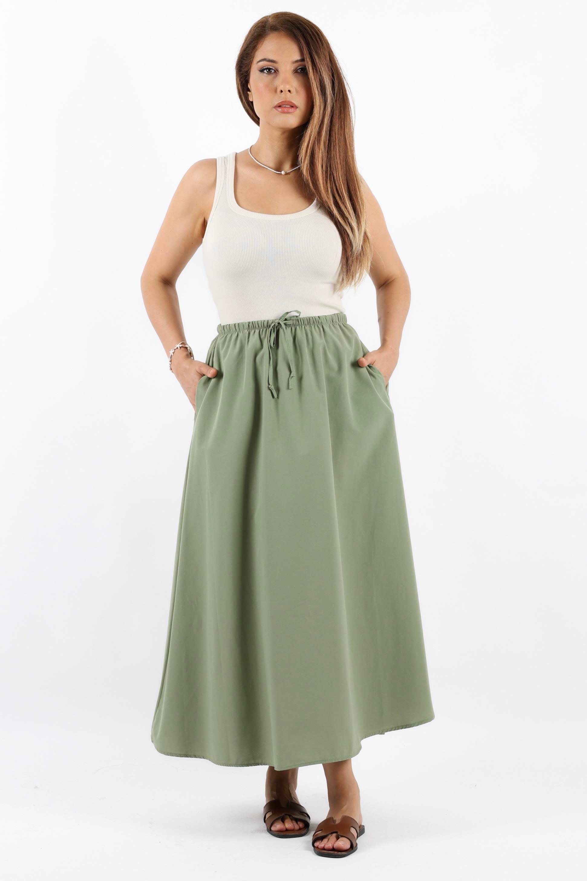 Kadın Alya Haki Cepli Poplin Etek