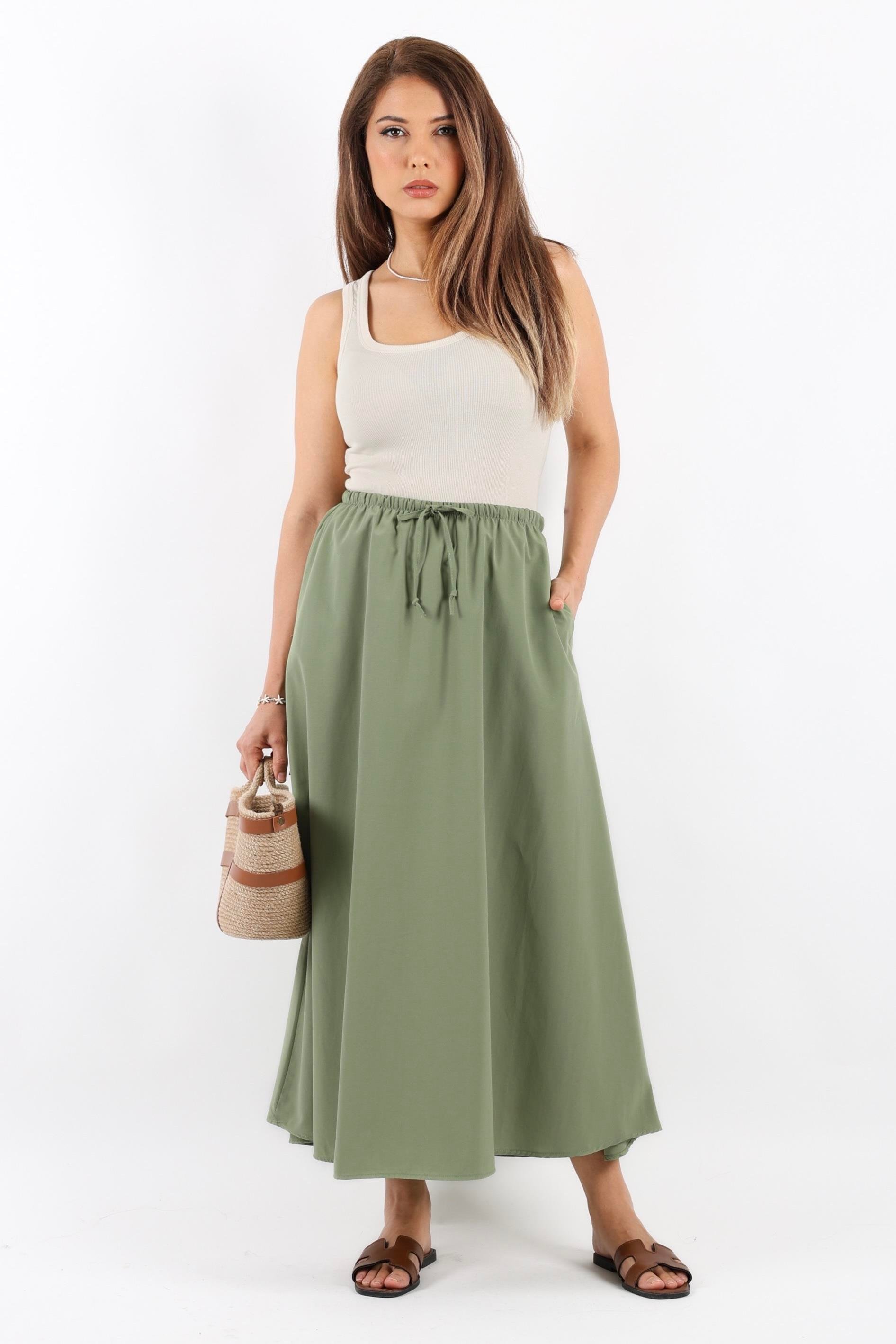 Kadın Alya Haki Cepli Poplin Etek