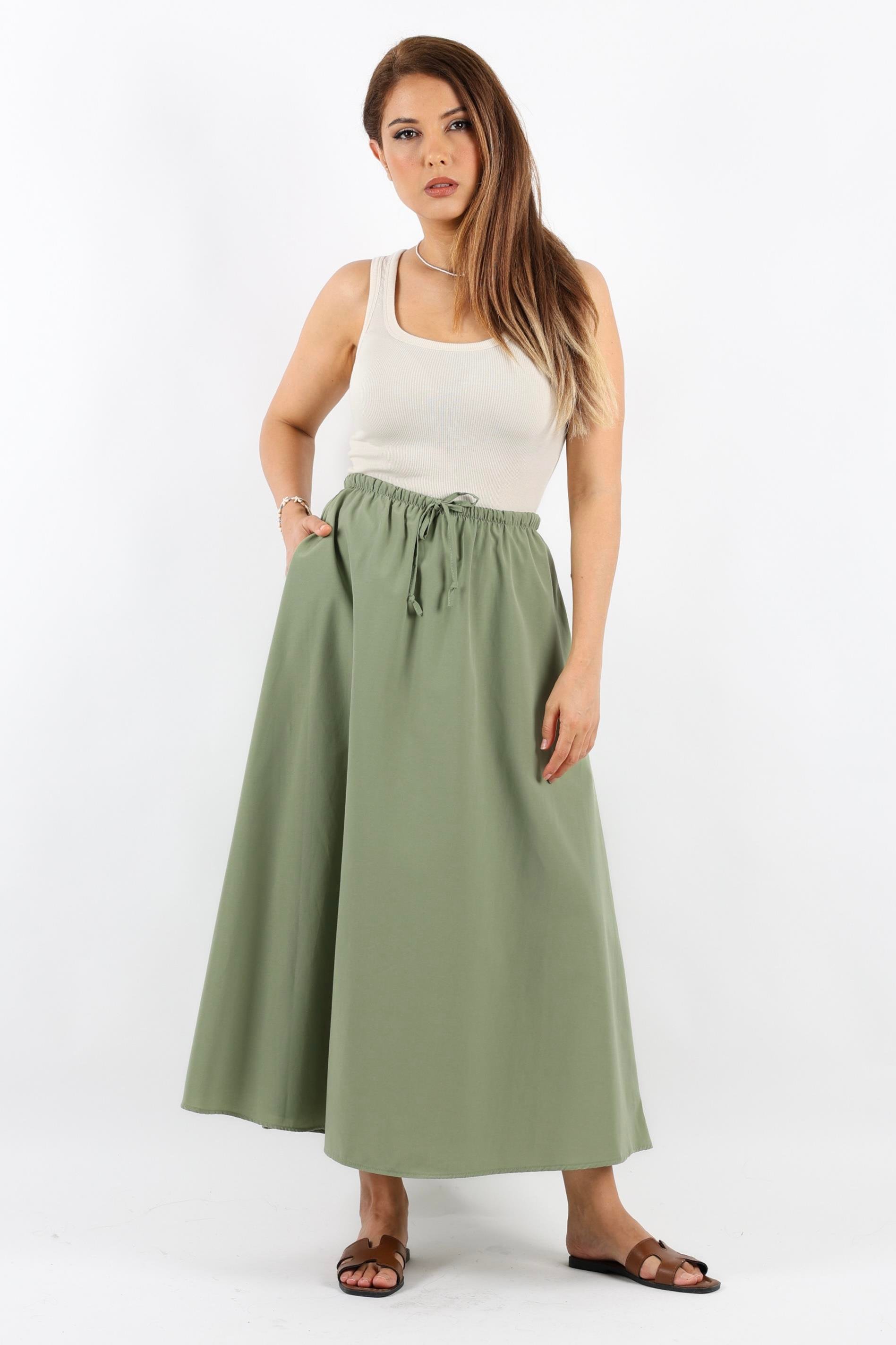 Kadın Alya Haki Cepli Poplin Etek