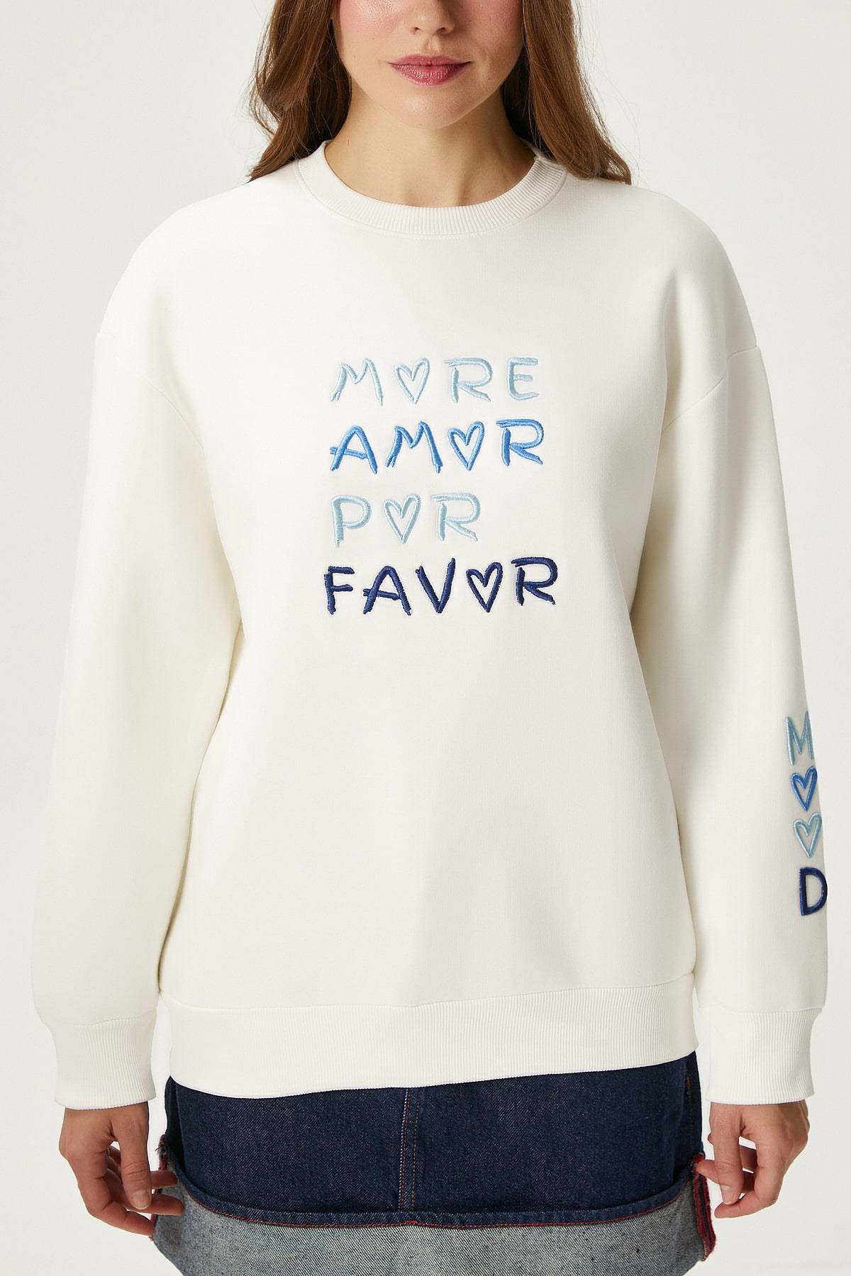 Kadın Amor Nakışlı Ekru Mavi Sweatshirt