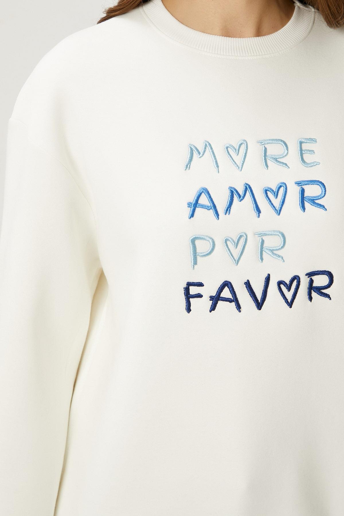 Kadın Amor Nakışlı Ekru Mavi Sweatshirt