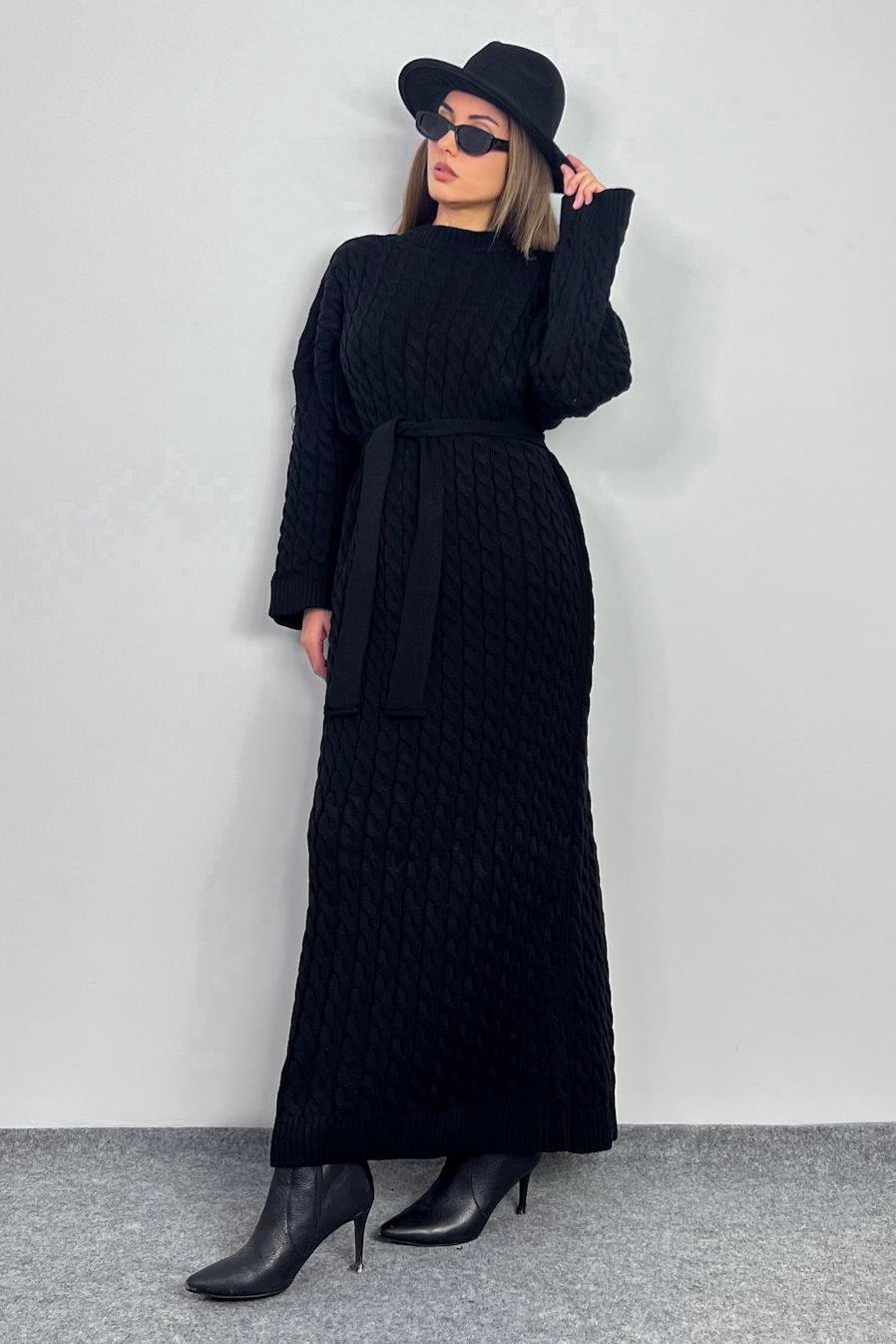 Kadın Ashley Siyah Saç Örgülü Triko Uzun Elbise