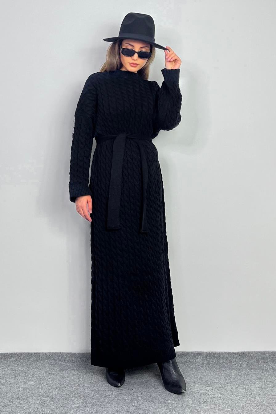 Kadın Ashley Siyah Saç Örgülü Triko Uzun Elbise