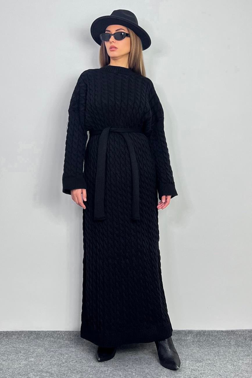 Kadın Ashley Siyah Saç Örgülü Triko Uzun Elbise