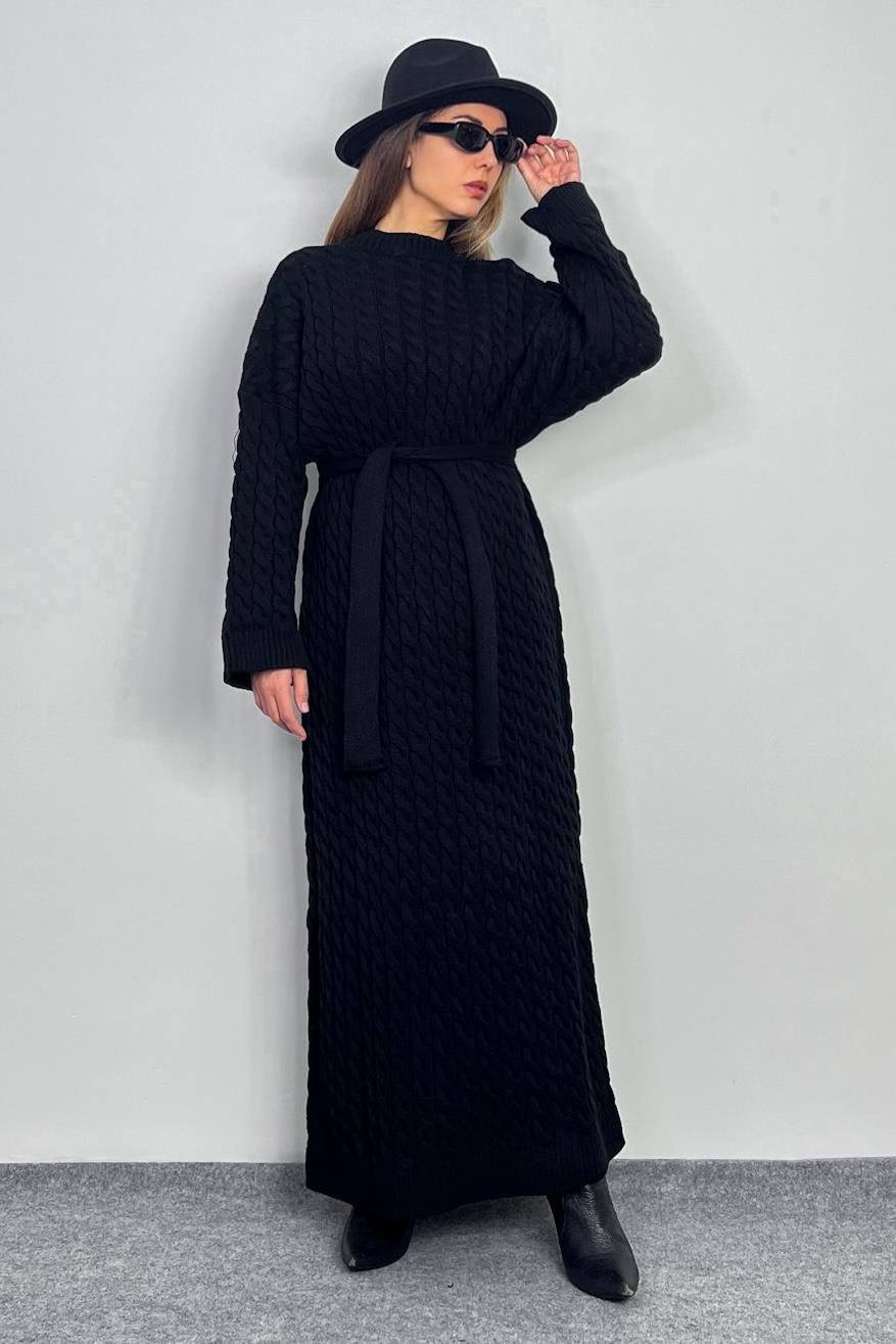 Kadın Ashley Siyah Saç Örgülü Triko Uzun Elbise