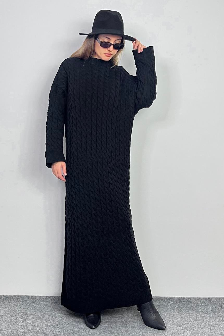Kadın Ashley Siyah Saç Örgülü Triko Uzun Elbise