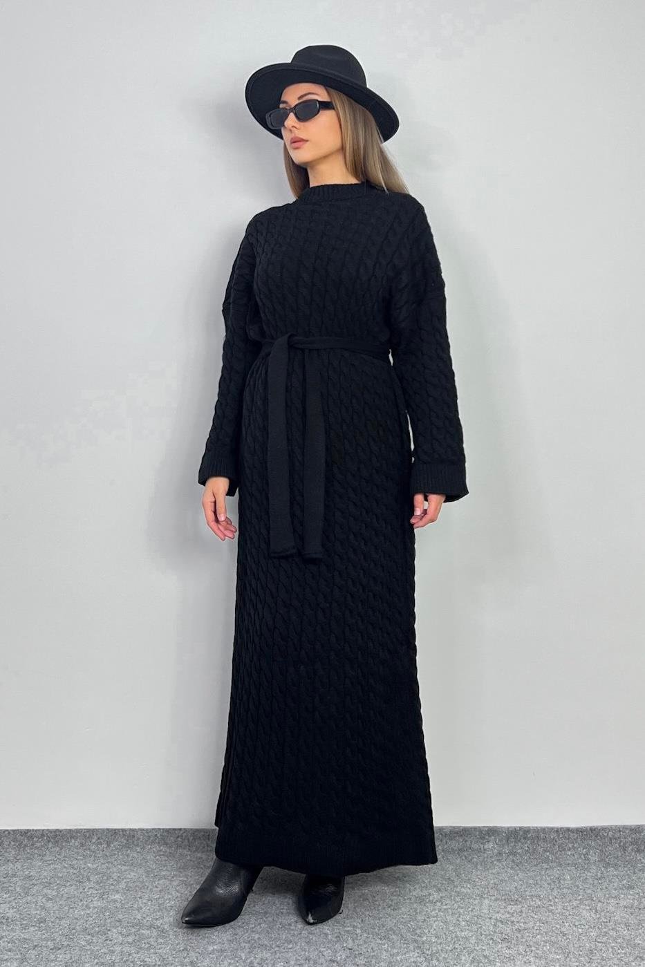 Kadın Ashley Siyah Saç Örgülü Triko Uzun Elbise