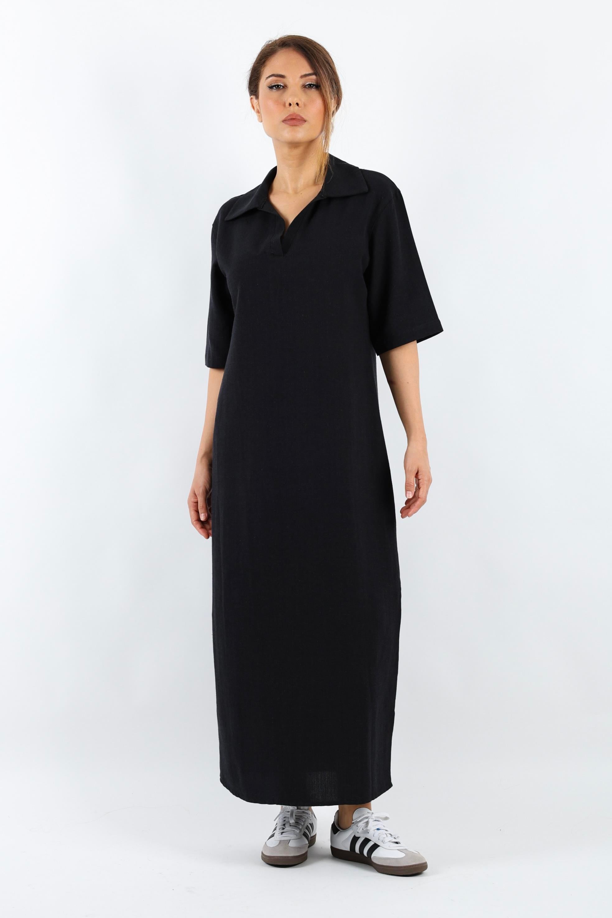 Kadın Basic Siyah Polo Yaka Yırtmaçlı Elbise