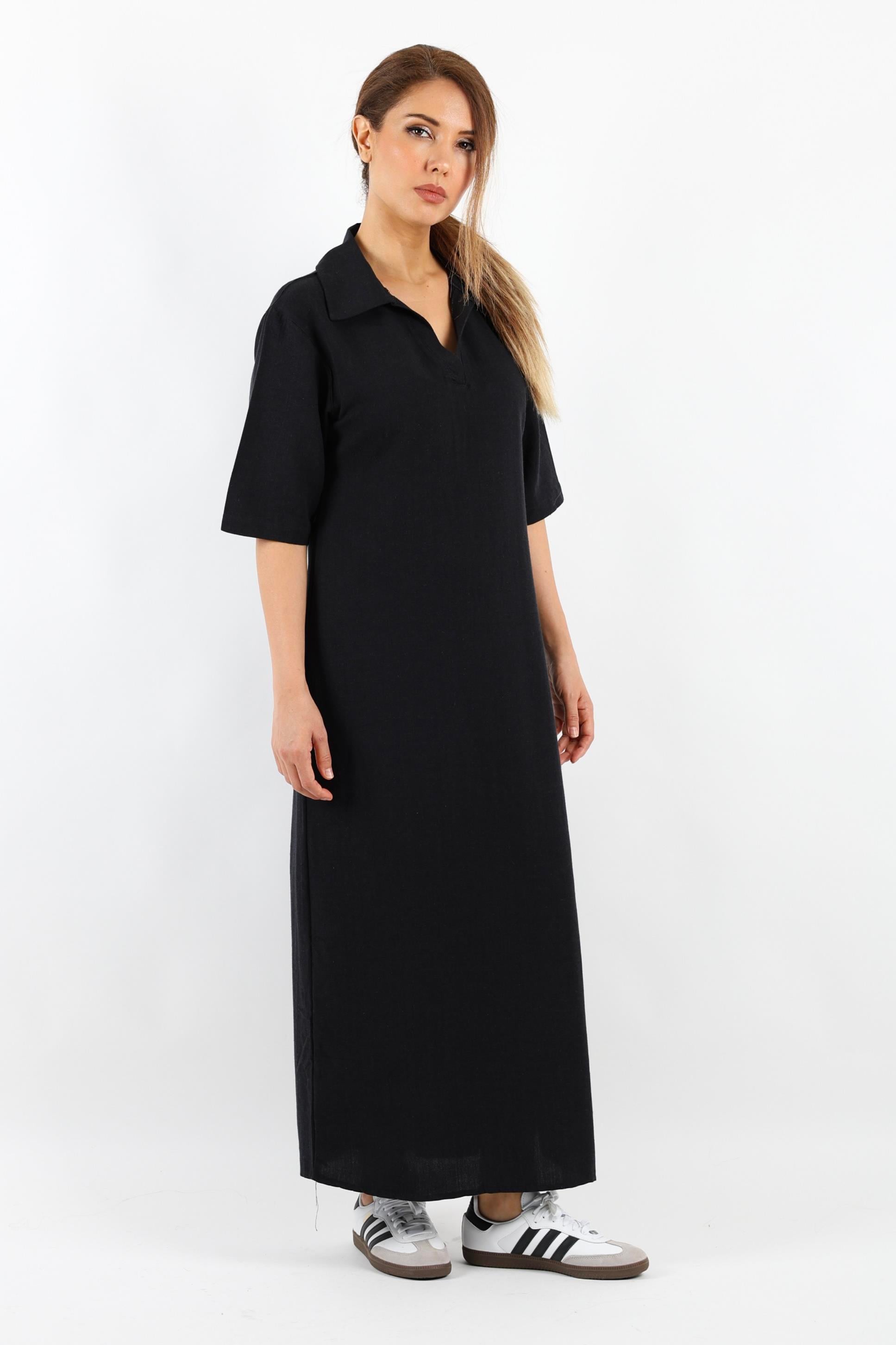 Kadın Basic Siyah Polo Yaka Yırtmaçlı Elbise