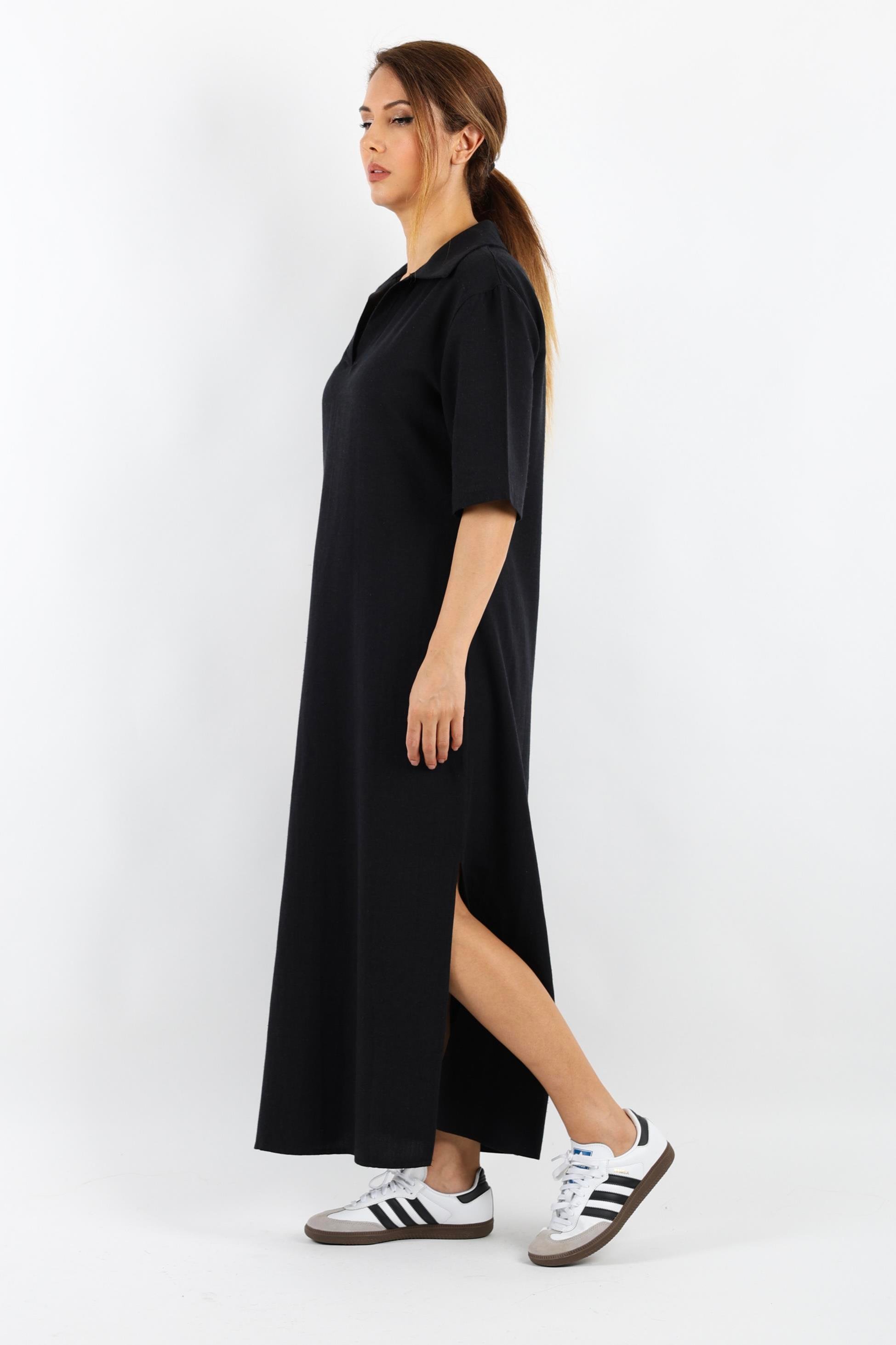 Kadın Basic Siyah Polo Yaka Yırtmaçlı Elbise