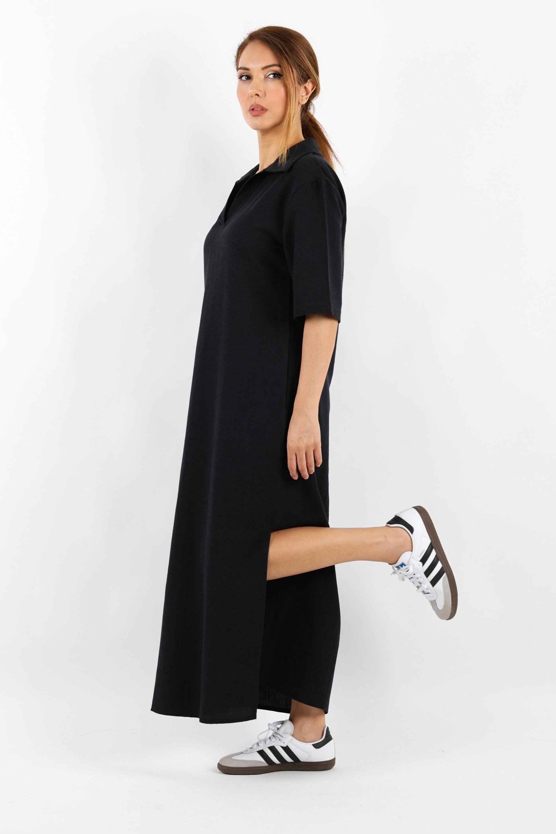 Kadın Basic Siyah Polo Yaka Yırtmaçlı Elbise