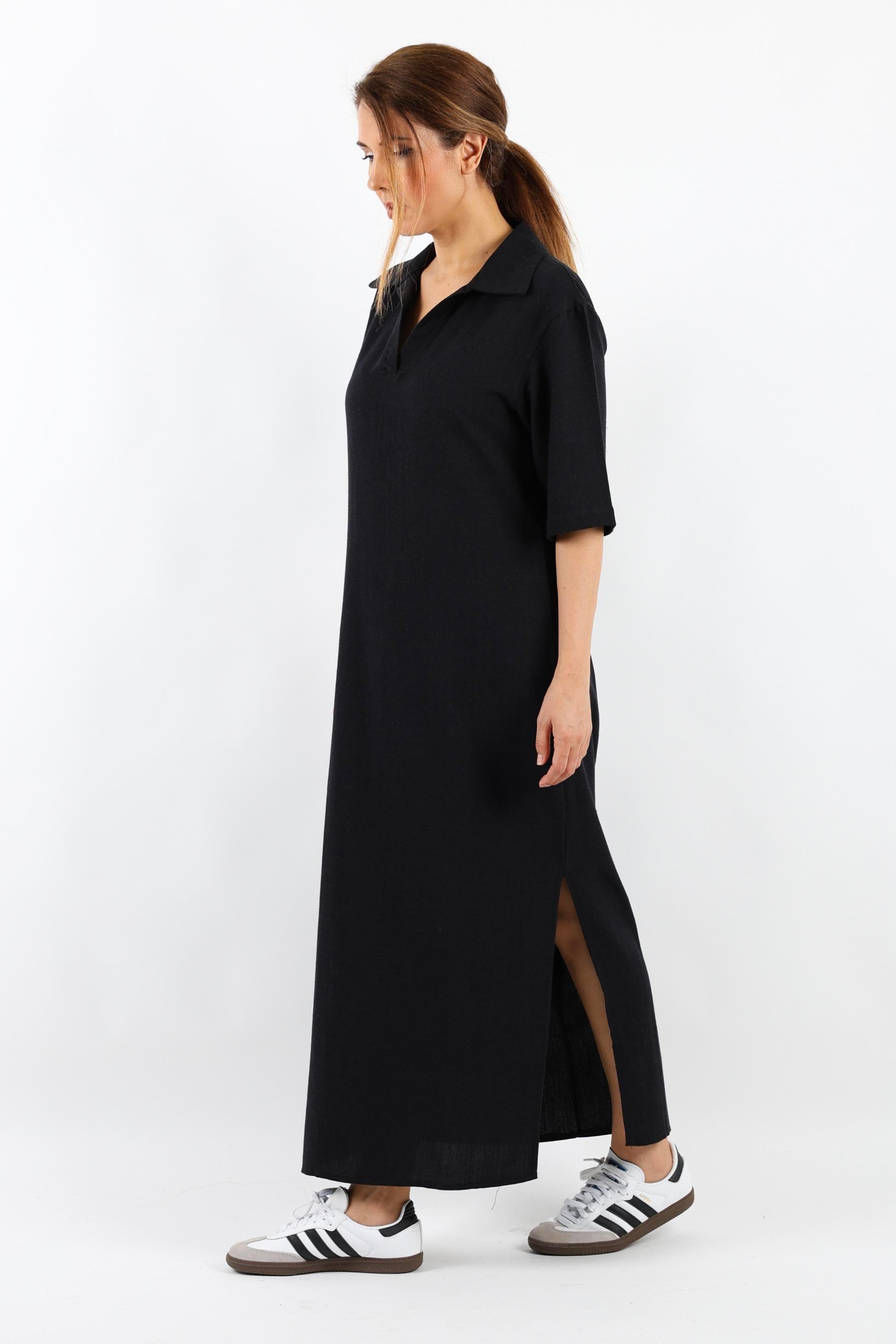 Kadın Basic Siyah Polo Yaka Yırtmaçlı Elbise