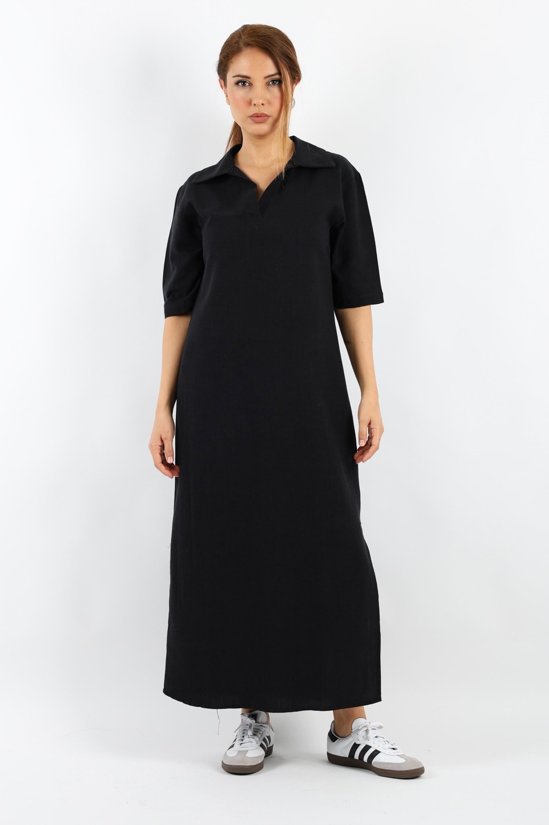 Kadın Basic Siyah Polo Yaka Yırtmaçlı Elbise