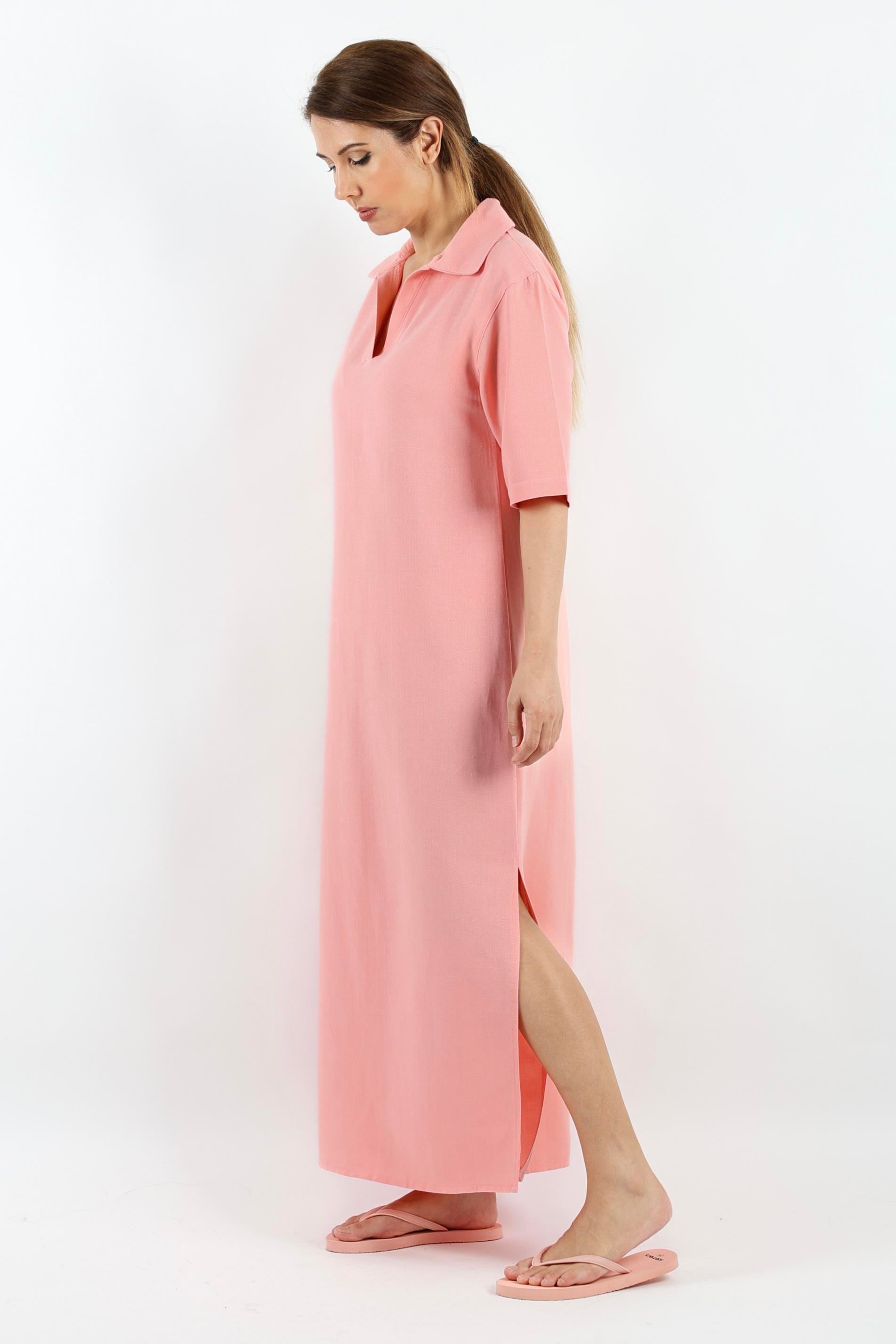 Kadın Basic Somon Polo Yaka Yırtmaçlı Elbise