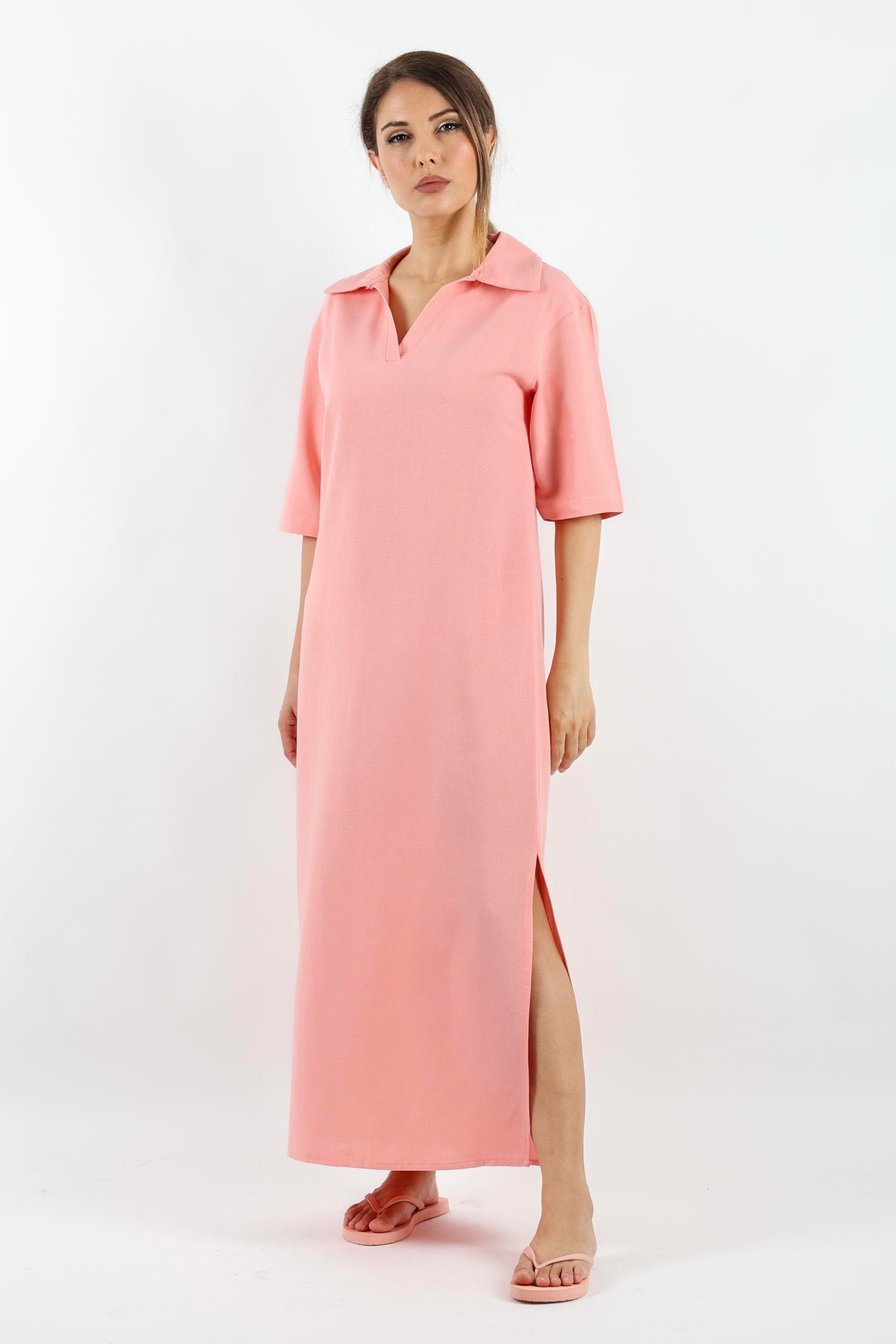 Kadın Basic Somon Polo Yaka Yırtmaçlı Elbise