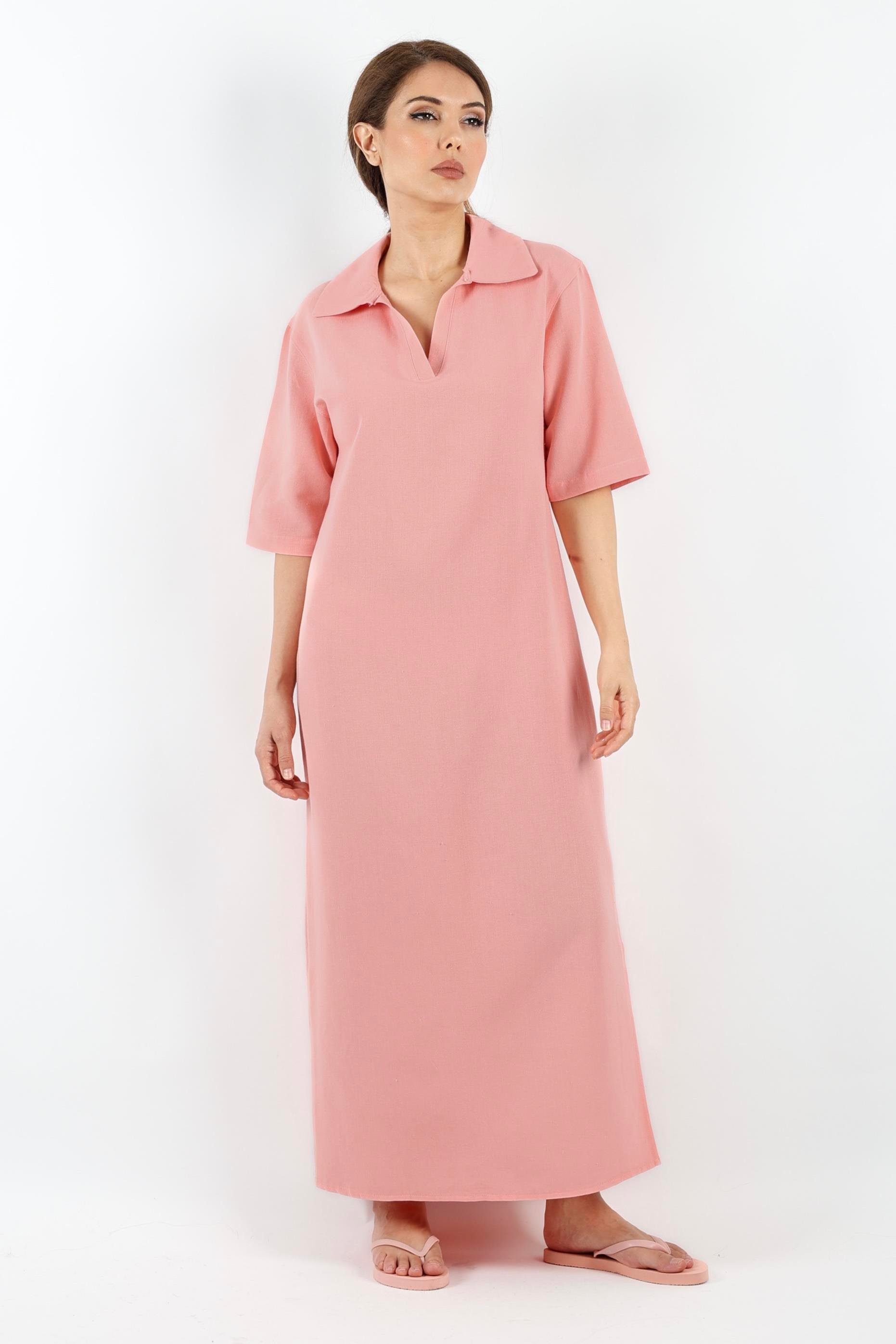 Kadın Basic Somon Polo Yaka Yırtmaçlı Elbise