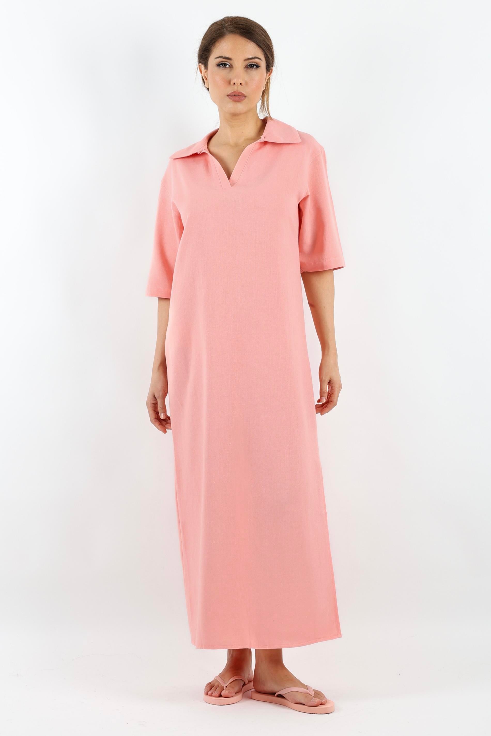 Kadın Basic Somon Polo Yaka Yırtmaçlı Elbise