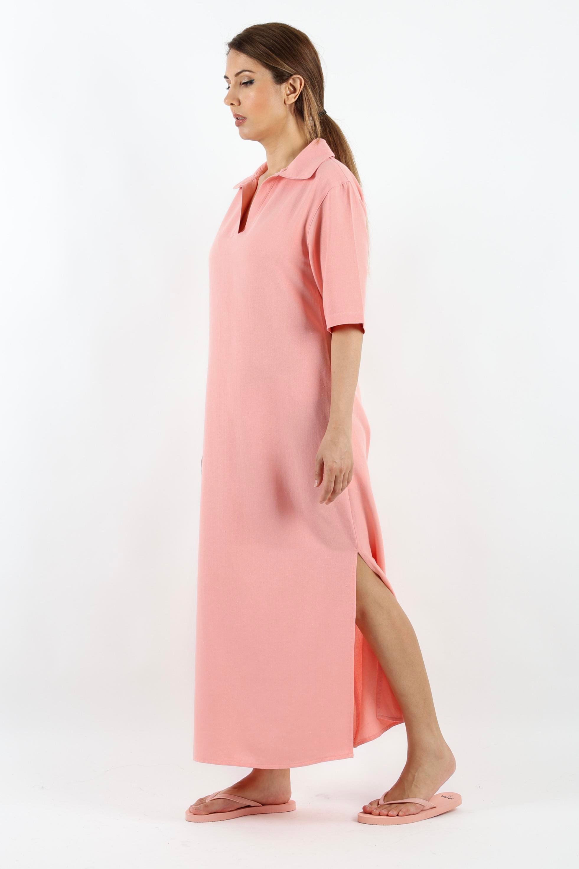 Kadın Basic Somon Polo Yaka Yırtmaçlı Elbise