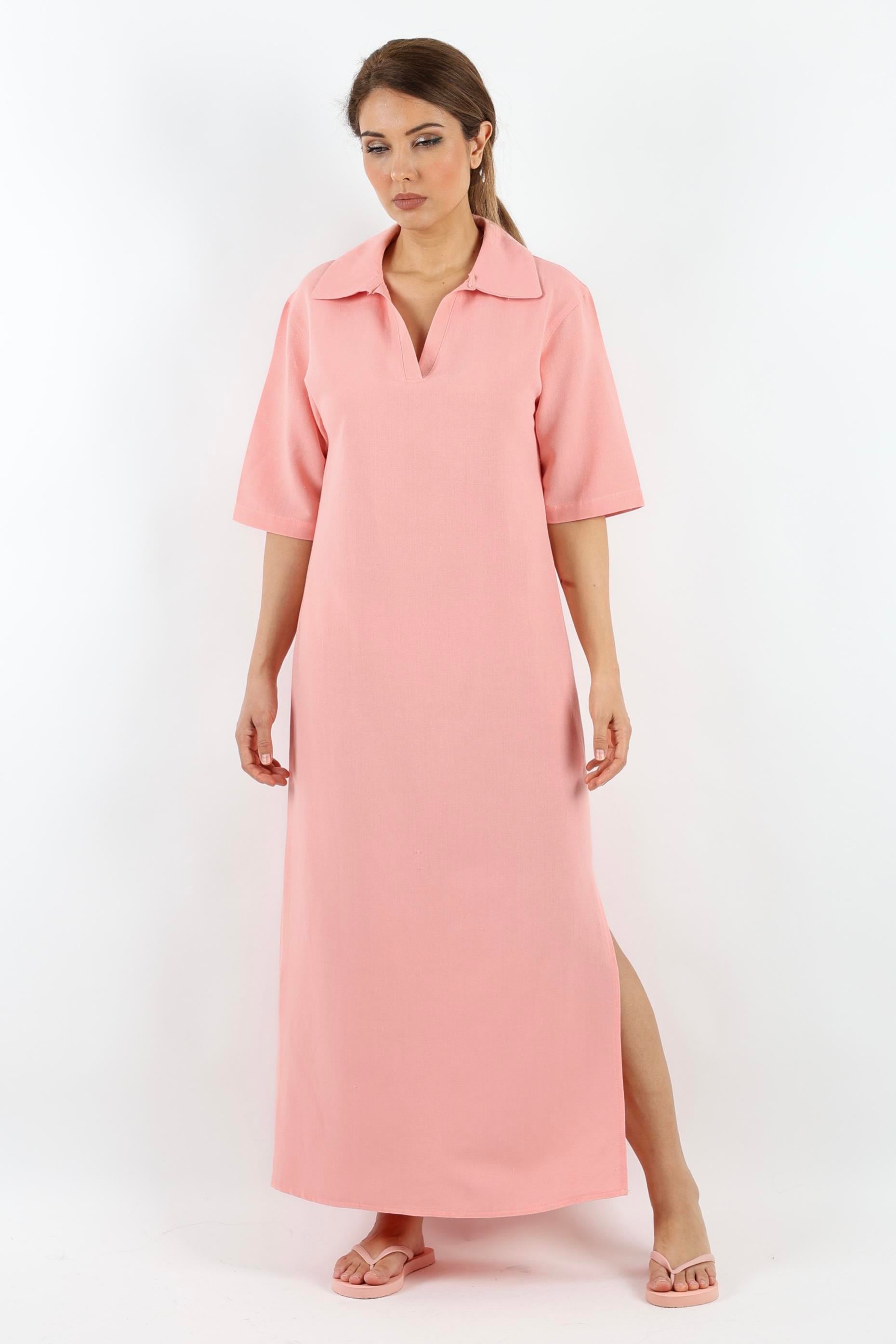 Kadın Basic Somon Polo Yaka Yırtmaçlı Elbise